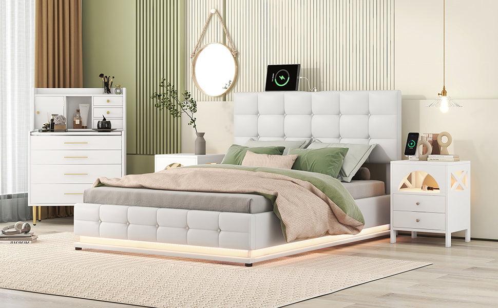 4-Pieces Bedroom Sets Queen Size Upholstered Bed with LED Lights and Hydraulic Storage System,Two Nightstands with USB Charging Station and LED lights,Vanity with Mirror and Retractable Table,White - Enova Luxe Home Store