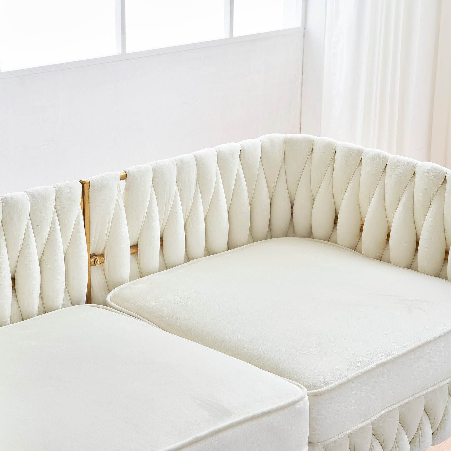 3 Piece Modern Velvet Upholstered Living Room Set with 3-Seater Sofa and 2 Loveseats, Handmade Woven Tufted Back and Arms, Golden Metal Legs,Cream White Velvet