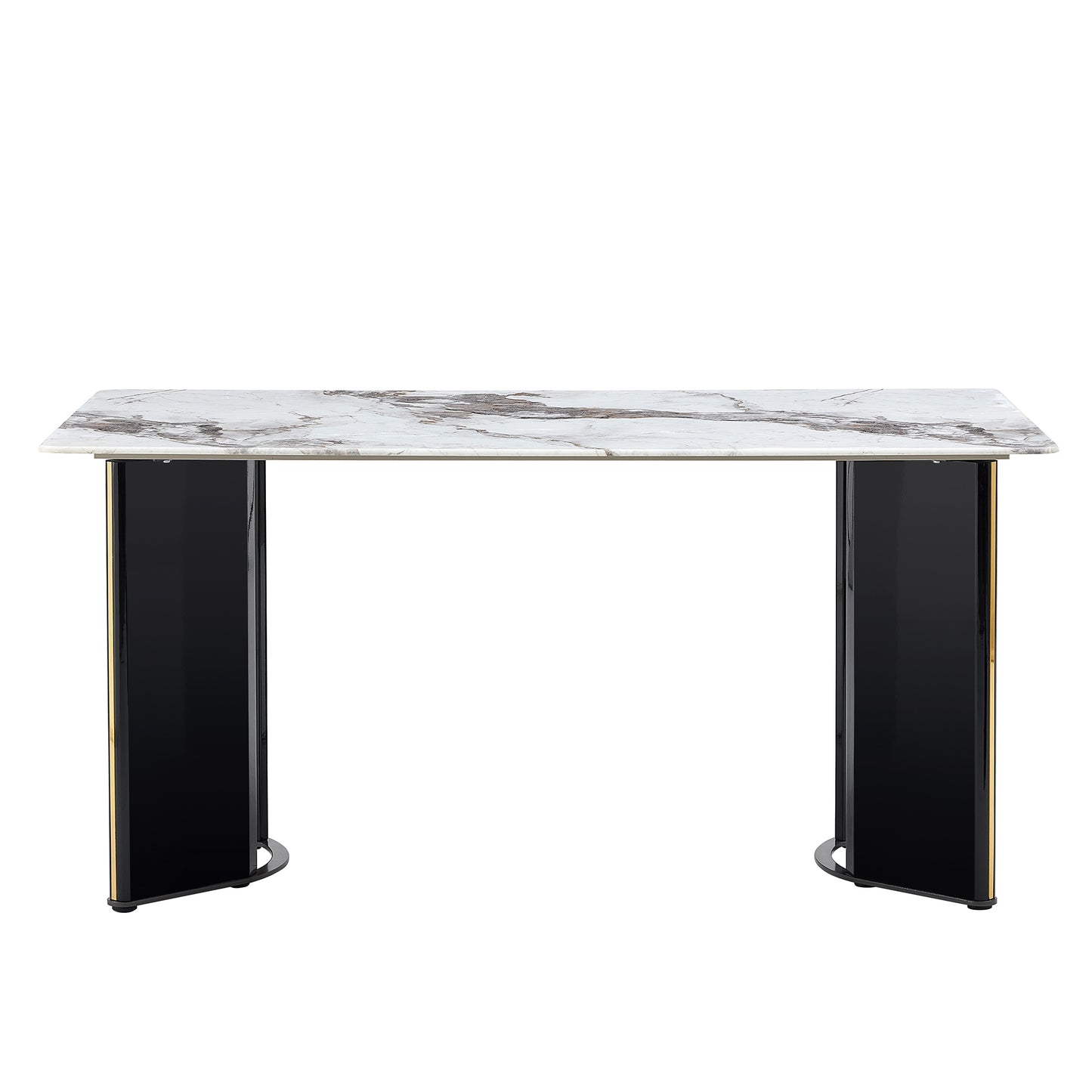 Modern minimalist rectangular dining table, white imitation marble tabletop, MDF table legs with gold metal decorative strips. Suitable for restaurant and living room   F-HH