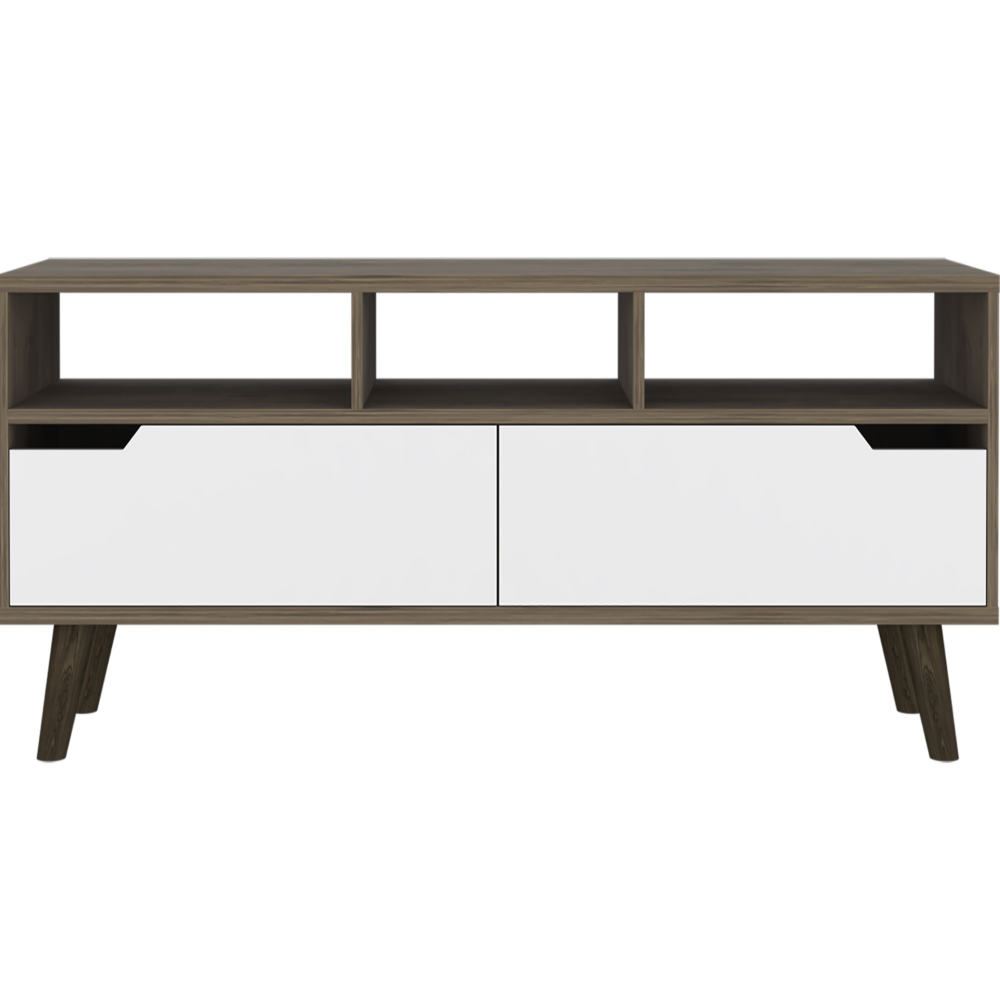 Oslo Tv Stand for TV´s up 51", Two  Drawers, Four Legs, Three Open Shelves -Dark Brown / White - Enova Luxe Home Store