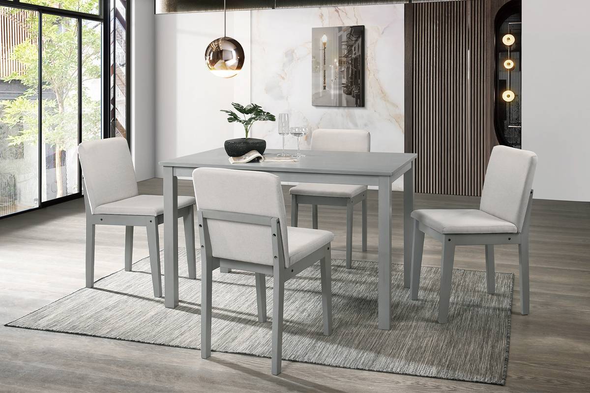 Grey Finish 5pc Dining Room Set Dining Table 4x Chairs Beige Fabric Chair Seat Kitchen Breakfast Dining room Furniture Rubberwood Veneer Unique Design - Enova Luxe Home Store
