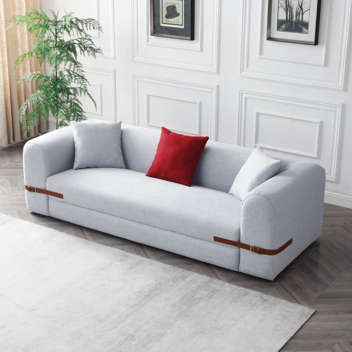 Modern Sofa Couch Contrast color Saddle leather belt Design  3 Seat Sofa for Living Room Bedroom, Apartment, Grey - Enova Luxe Home Store
