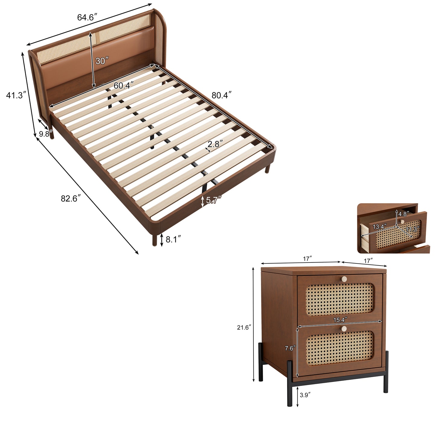 3 Pieces Modern Cannage Rattan Platform Queen Bed + Nightstand*2, Walnut - Enova Luxe Home Store