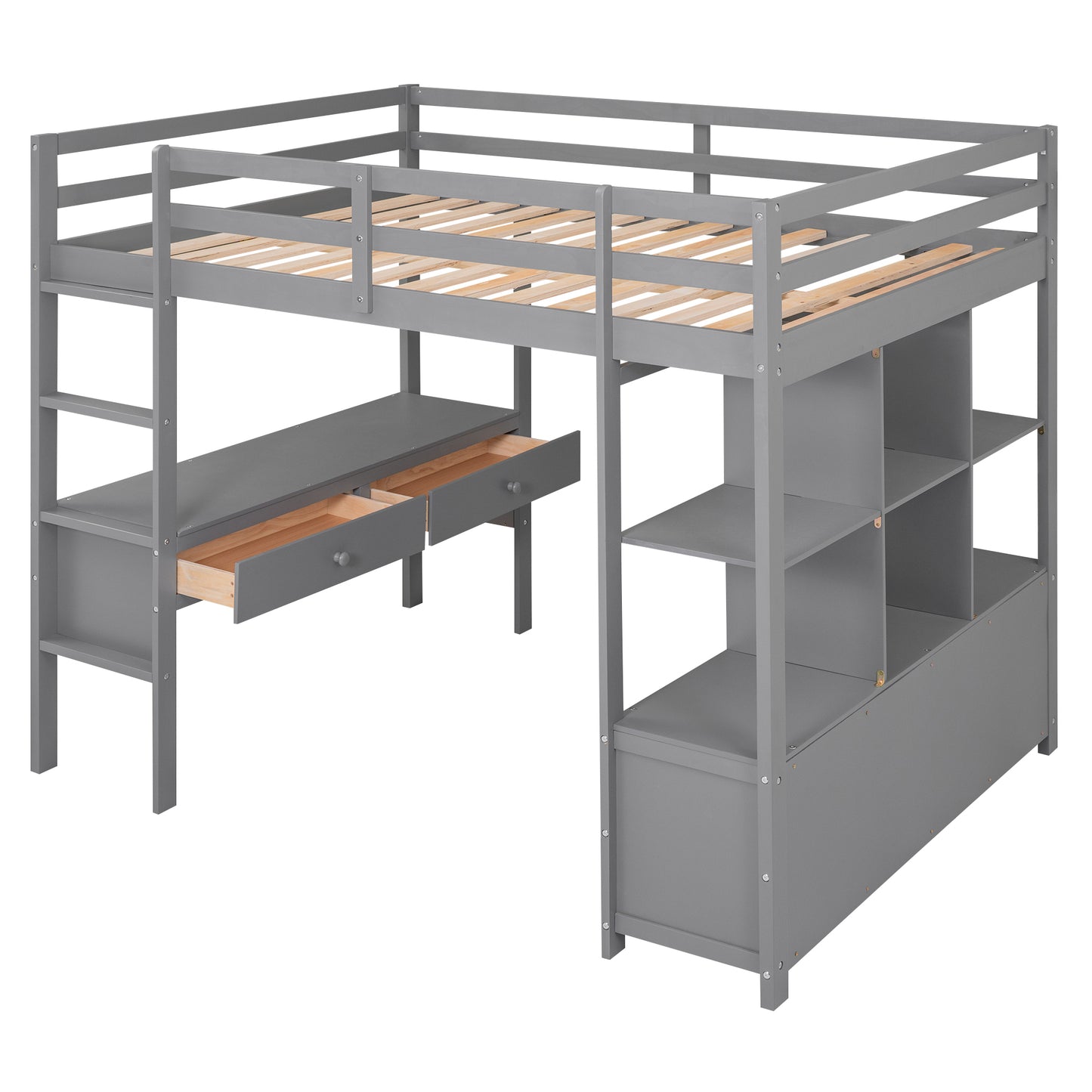 Full Size Loft Bed with Built-in Desk with Two Drawers, and Storage Shelves and Drawers,Gray - Enova Luxe Home Store