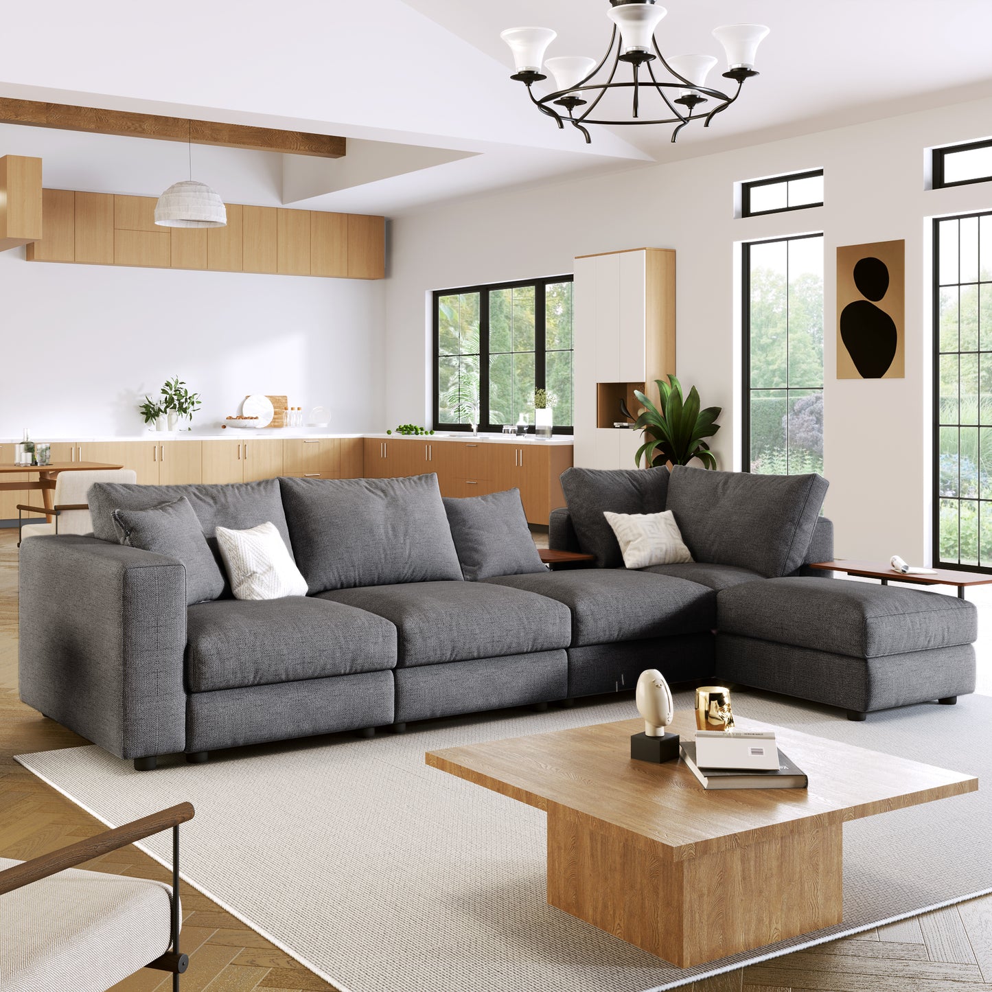 U_STYLE Modern Large L-Shape Sectional Sofa for Living Room, 2 Pillows and 2 End Tables