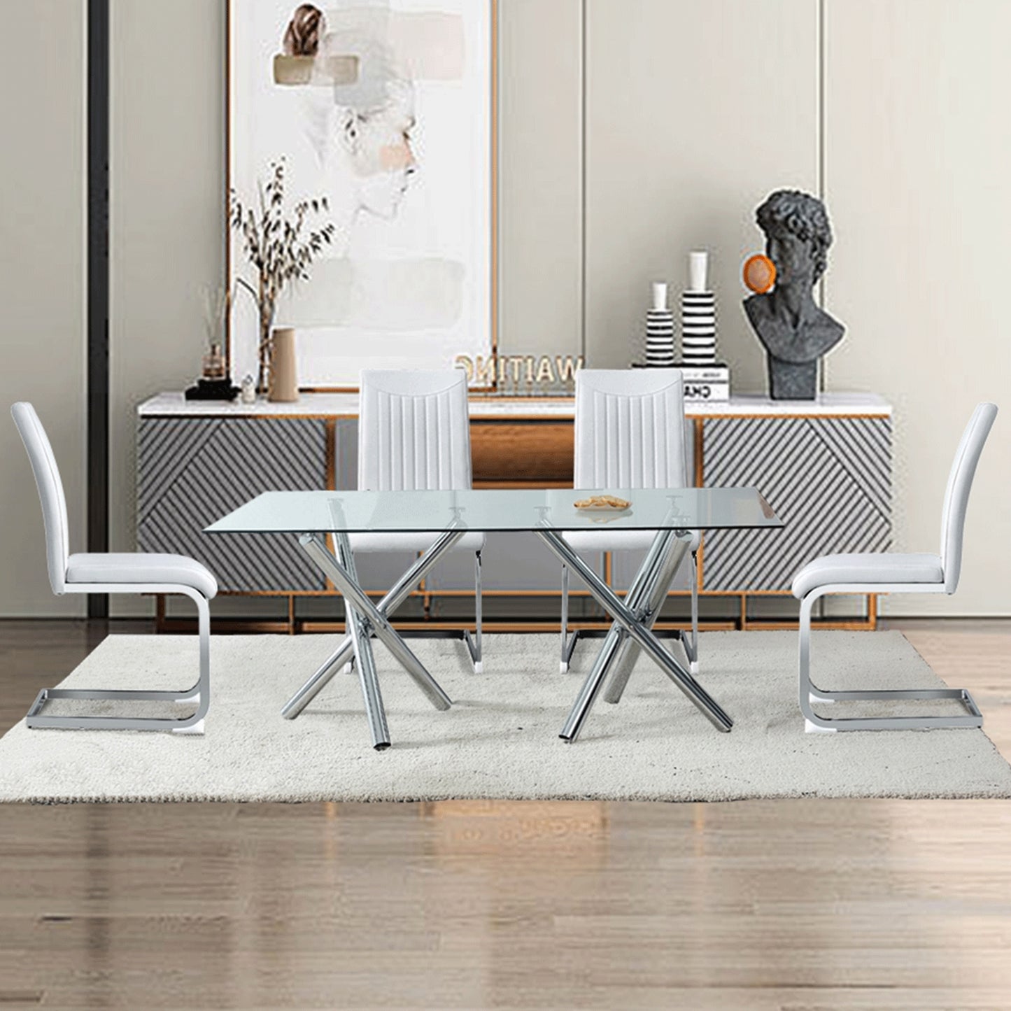 Large Modern Minimalist Rectangular Glass Dining Table for 6-8 with 0.39" Tempered Glass Tabletop and Silver Chrome Metal Legs, for Kitchen Dining Living Meeting Room Banquet hall, 71'' x 39''x 30''