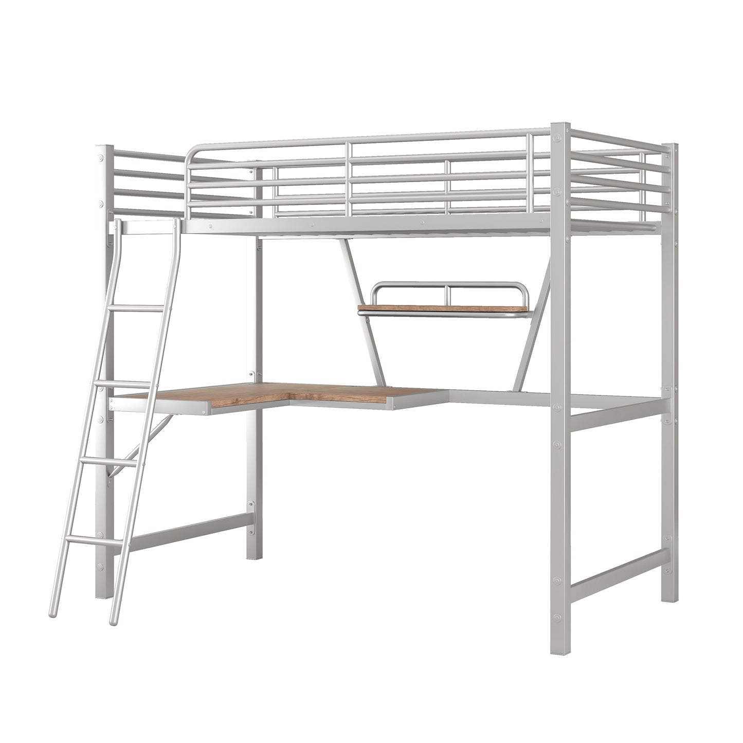 Twin Size Loft Metal&MDF Bed with Desk and Shelf, Silver (Old SKU:SM001105AAN-1)