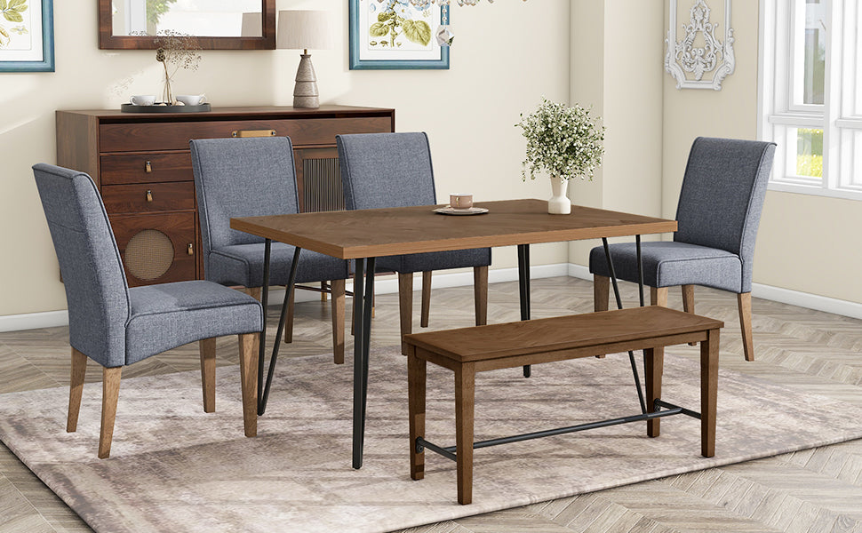 TOPMAX Modern 6-Piece Dining Table Set with V-Shape Metal Legs, Wood Kitchen Table Set with 4 Upholstered Chairs and Bench for 6,Brown - Enova Luxe Home Store