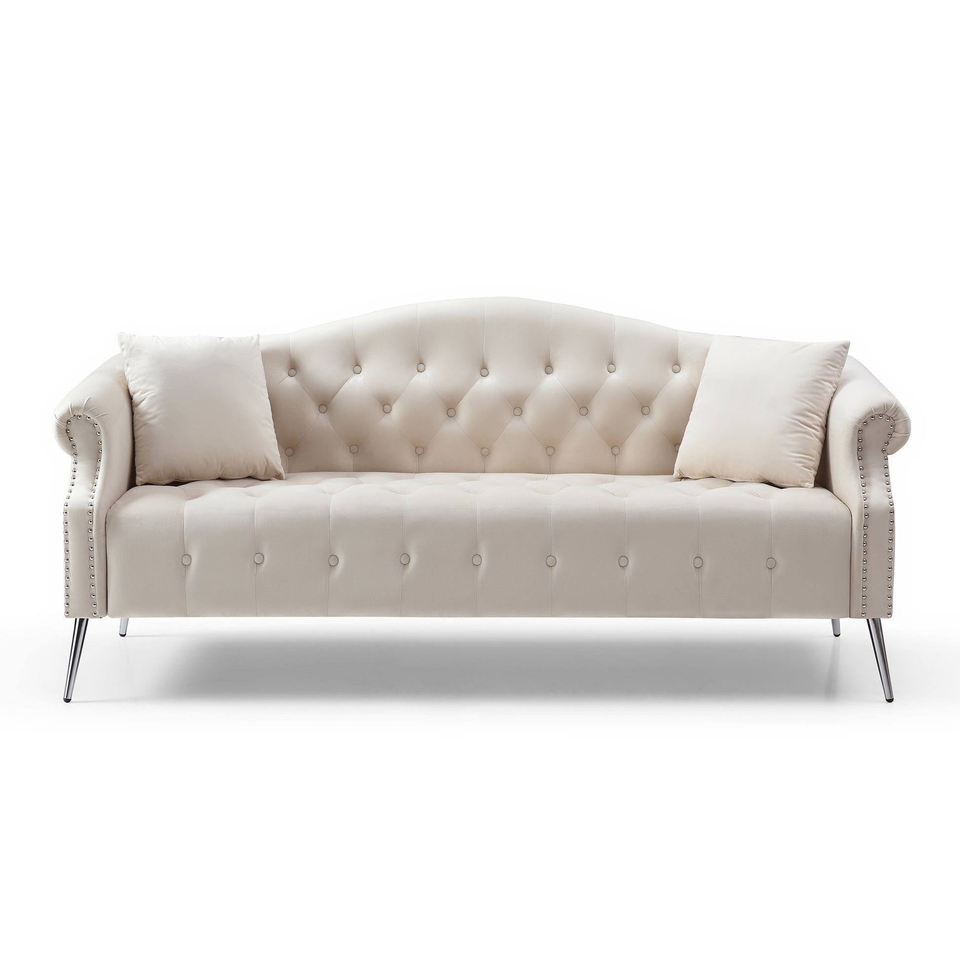 Classic Chesterfield Velvet Sofa Loveseat Contemporary Upholstered Couch Button Tufted Nailhead Trimming Curved Backrest Rolled Arms with Silver Metal Legs Living Room Set,4 Pillows Included,Beige - Enova Luxe Home Store