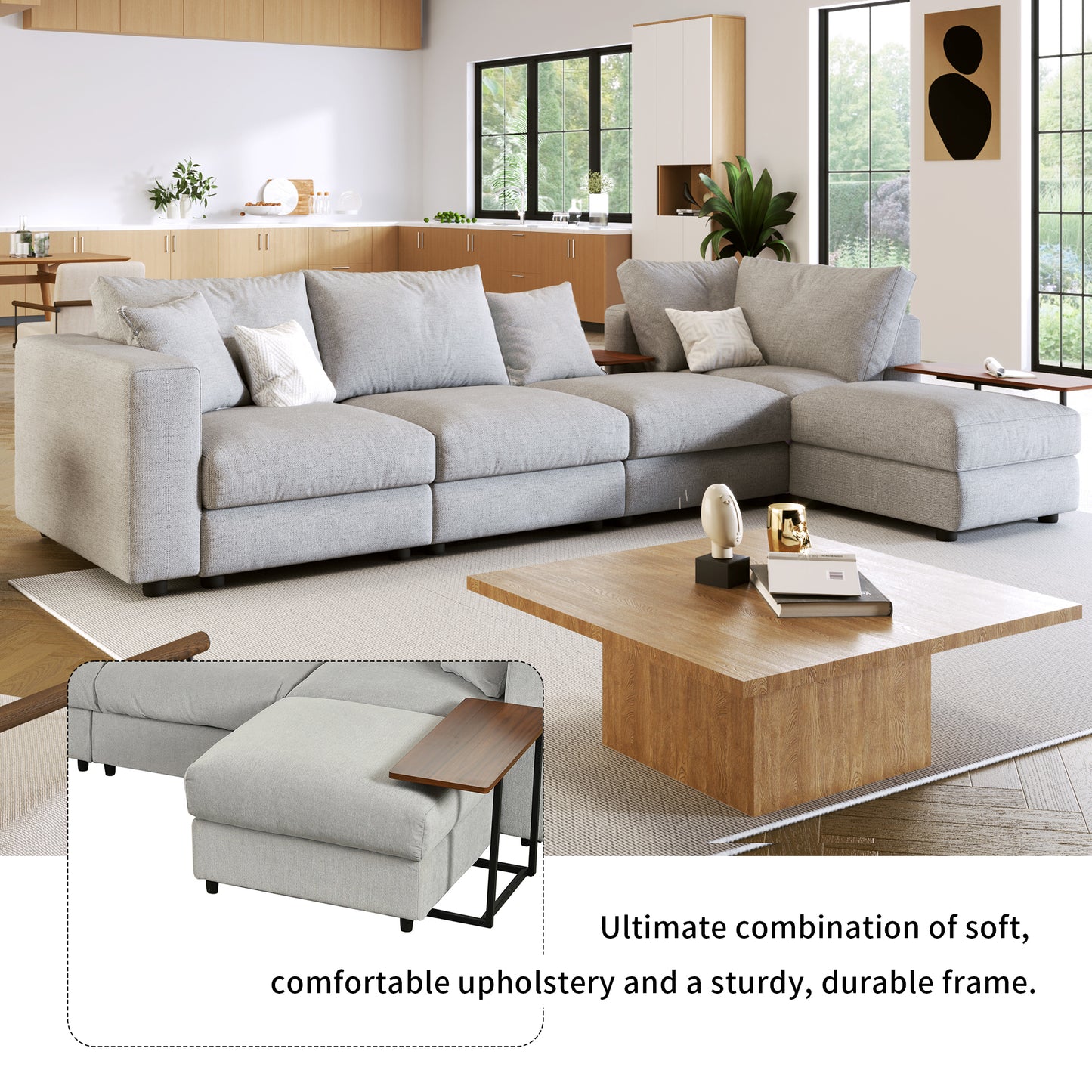 U_STYLE Modern Large L-Shape Sectional Sofa for Living Room, 2 Pillows and 2 End Tables