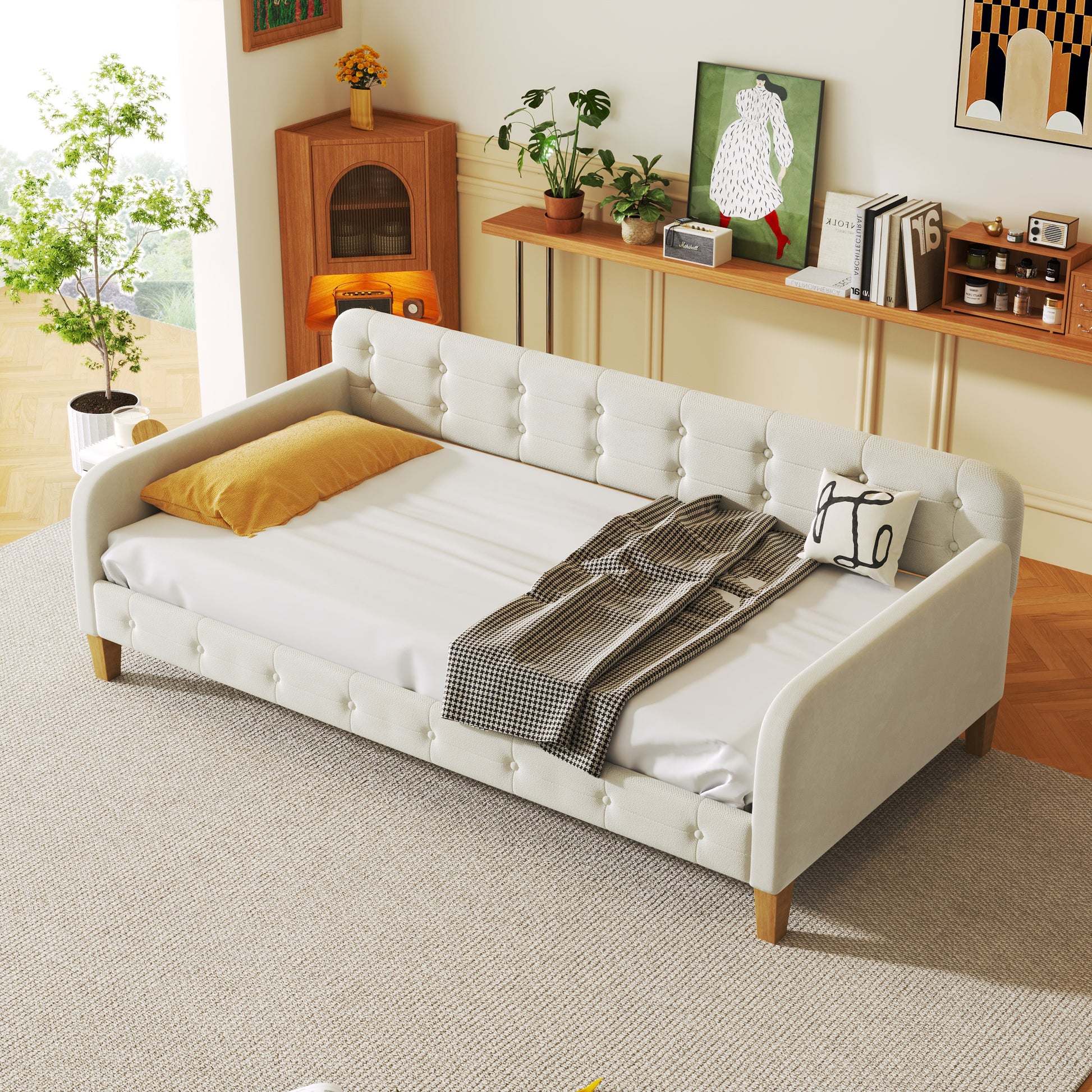 Twin Size Upholstered Daybed with 4 Support Legs, White - Enova Luxe Home Store