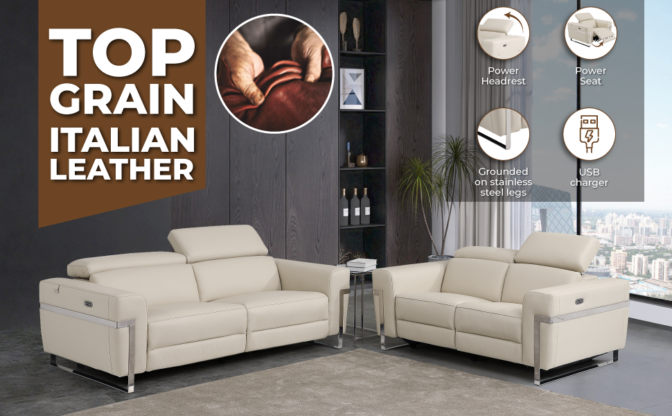 Global United Top Grain Italian Leather Loveseat with Power Recliner - Enova Luxe Home Store