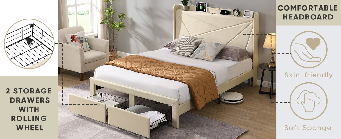 Queen Size Bed Frame with 2 Storage Drawers, Upholstered Bed Frame with Wingback Headboard Storage Shelf Built-in  USB Charging Stations and Strong Wood Slats Support, No Box Spring Needed, Beige