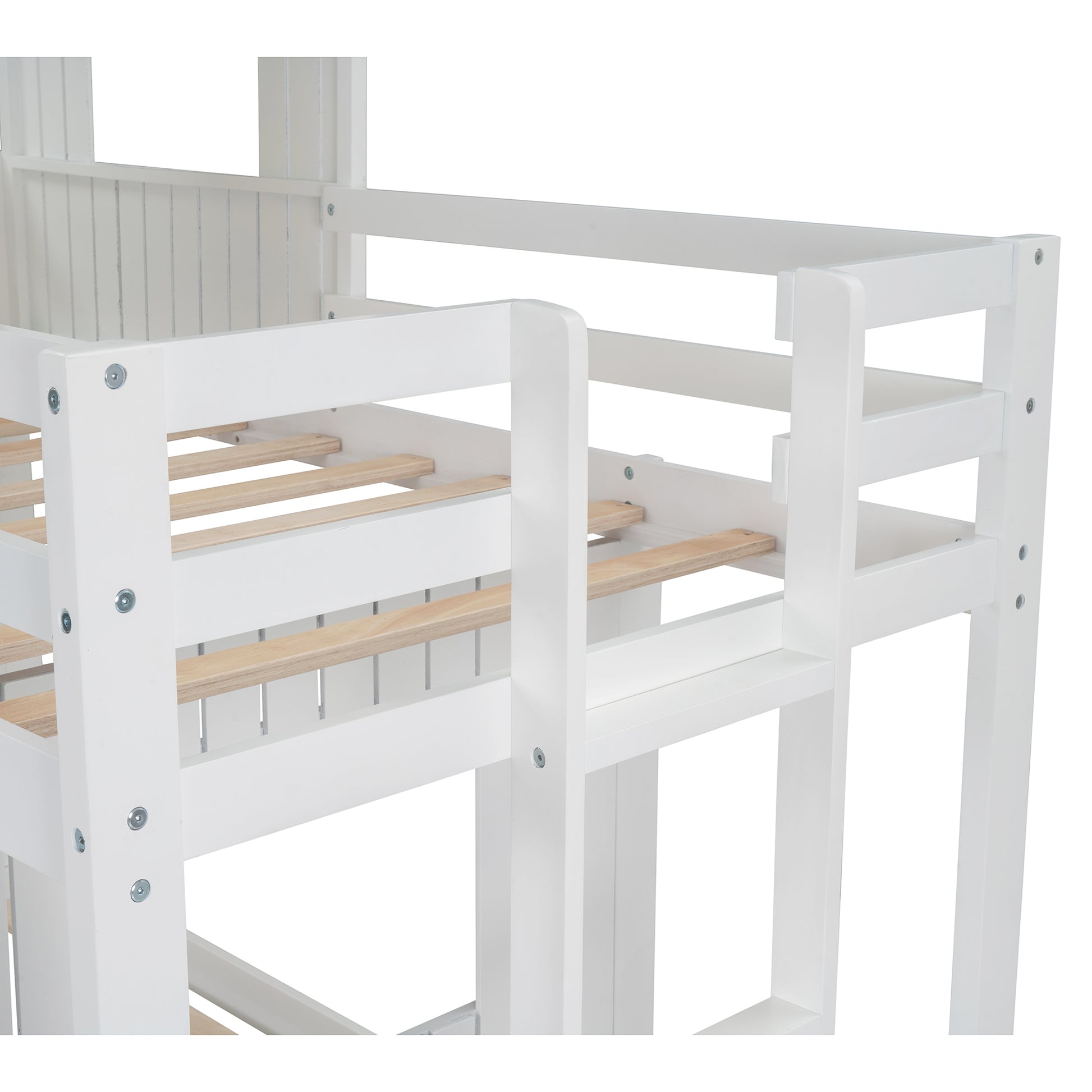 Wooden Twin Over Full Bunk Bed, Loft Bed with Playhouse, Farmhouse, Ladder and Guardrails, White - Enova Luxe Home Store