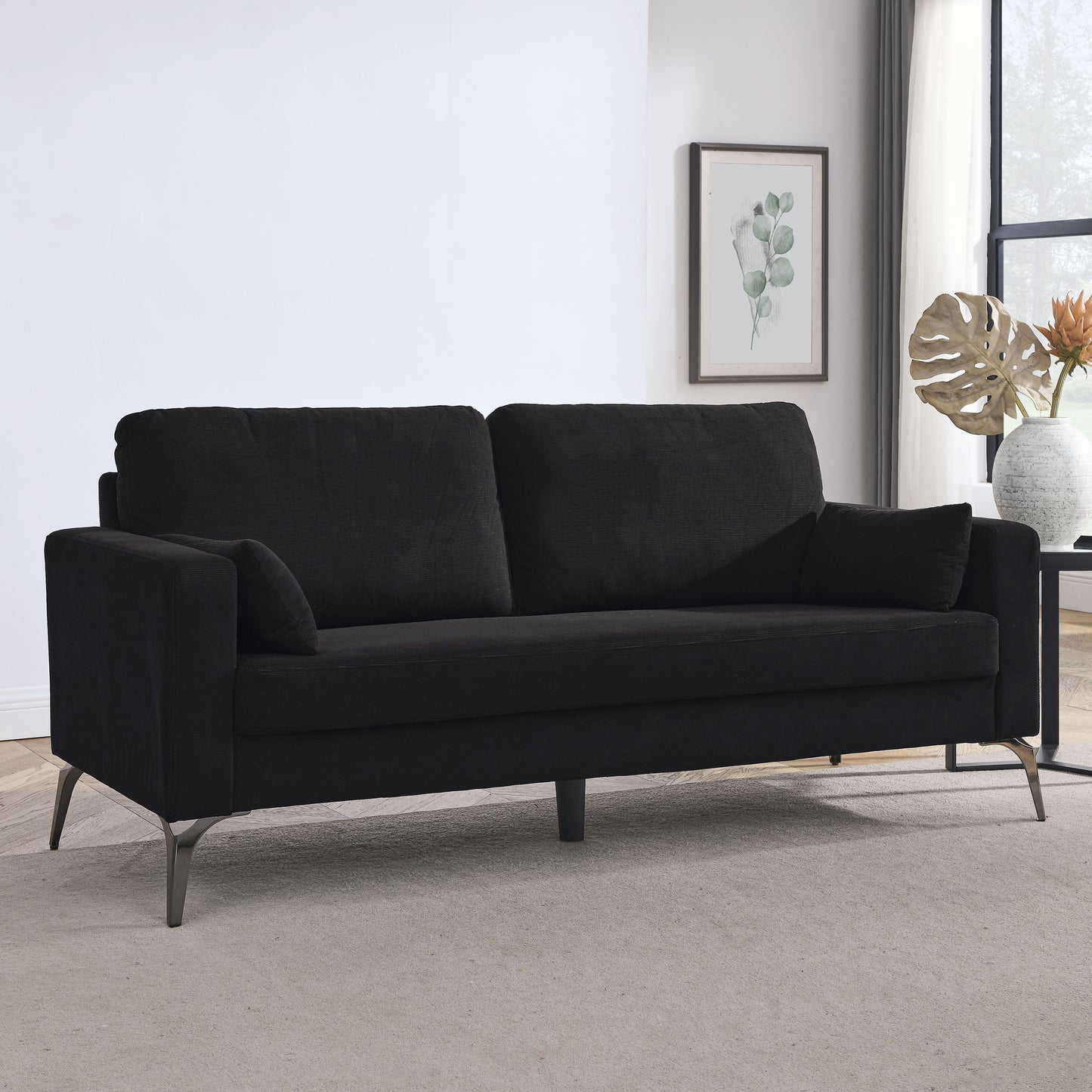 3 Piece Living Room Sofa Set, including 3-Seater Sofa, Loveseat and Sofa Chair, with Two Small Pillows, Corduroy Black