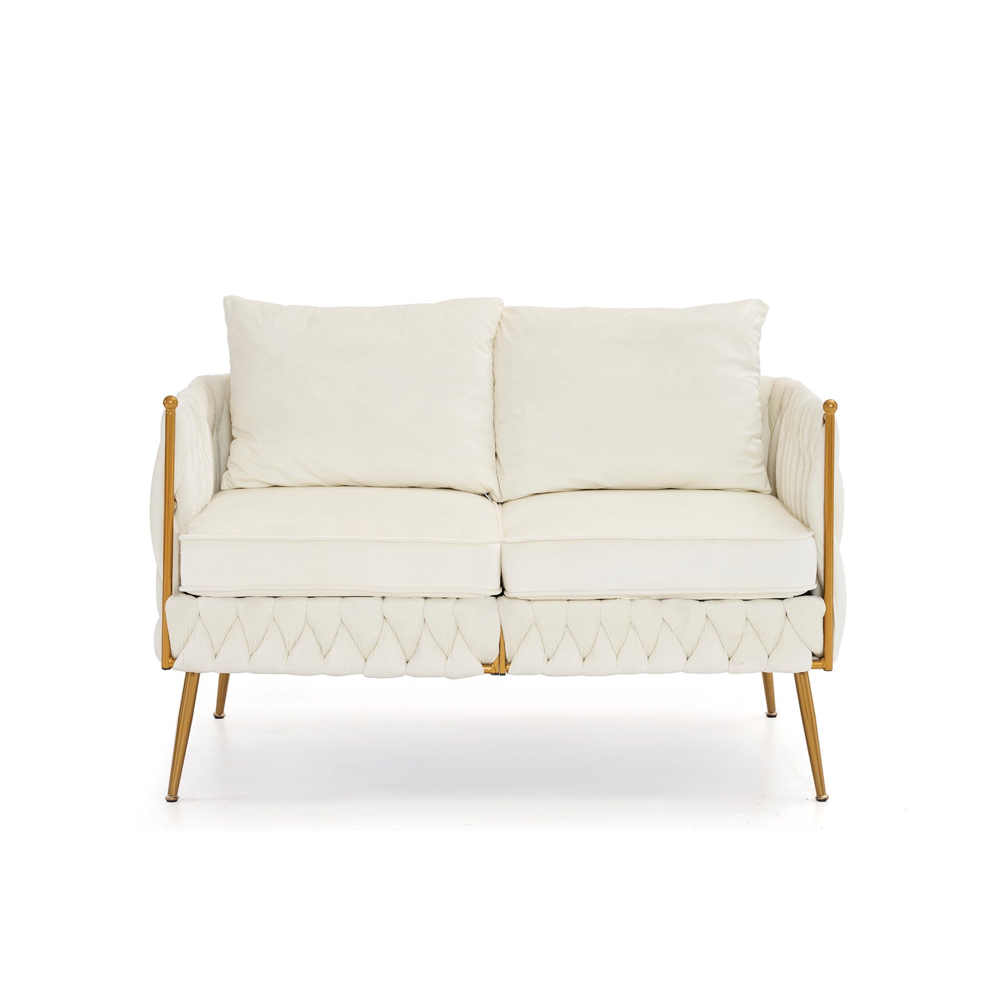 3 Piece Modern Velvet Upholstered Living Room Set with 3-Seater Sofa and 2 Loveseats, Handmade Woven Tufted Back and Arms, Golden Metal Legs,Cream White Velvet