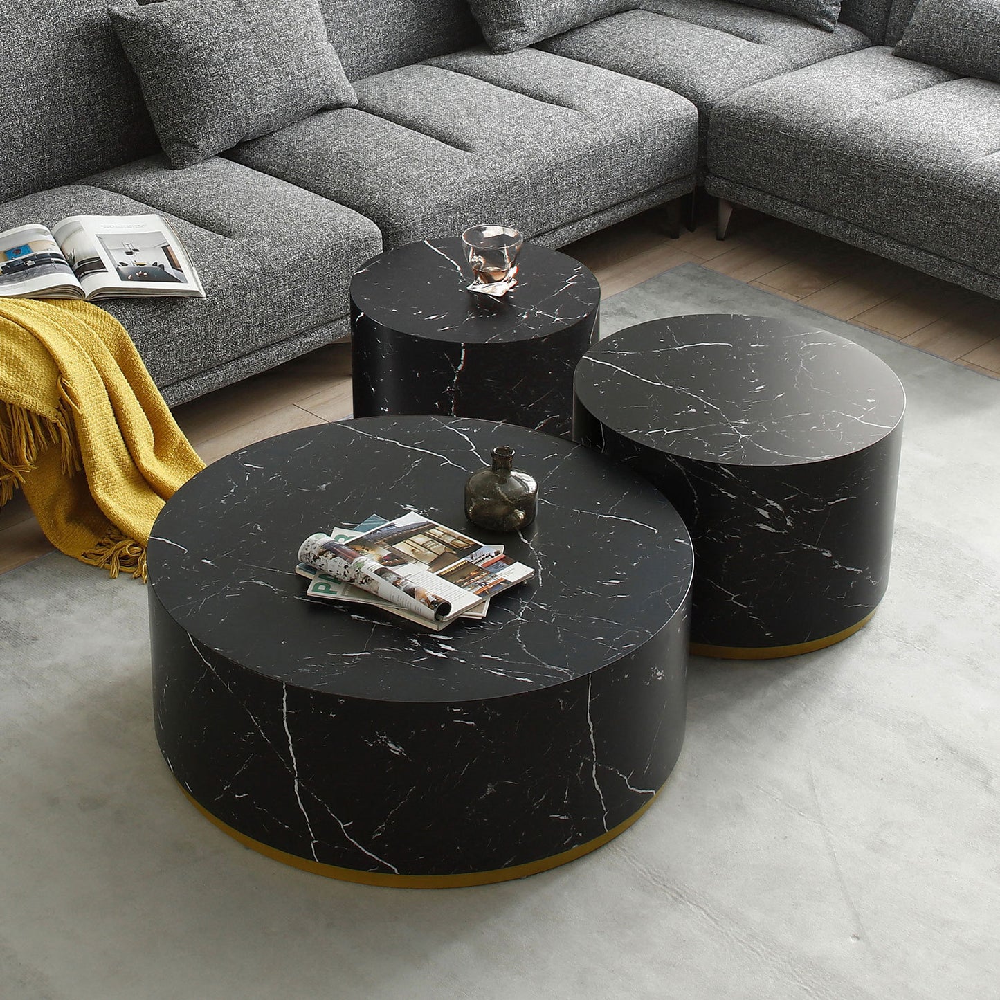 Set of 3 Black Marble Pattern  Round Coffee Table side Table End Table Set for Living Room Fully Assembled - Enova Luxe Home Store