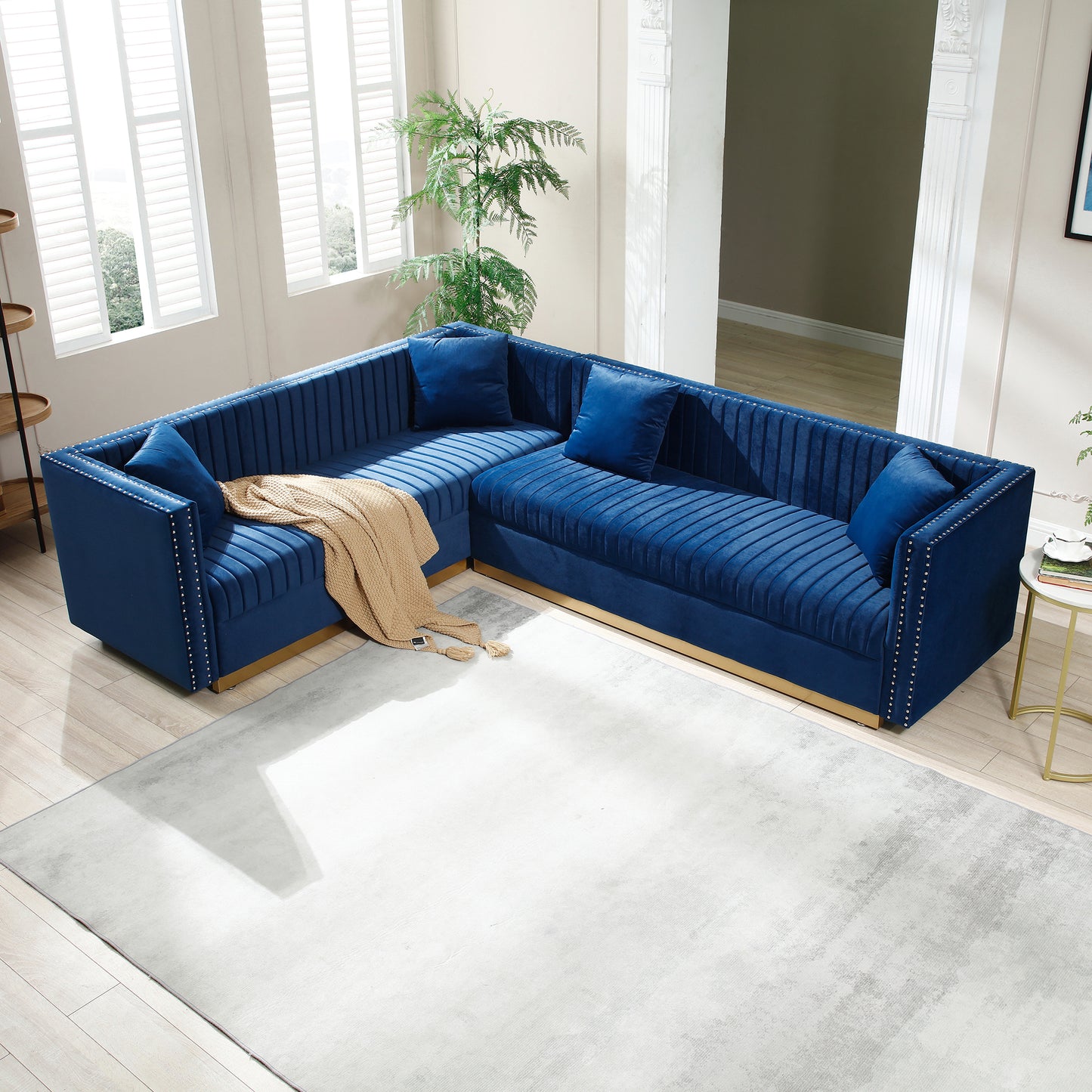 Contemporary Vertical Channel Tufted Velvet Sectional Sofa Modern Upholstered Corner Couch for Living Room Apartment with 4 pillows,Blue