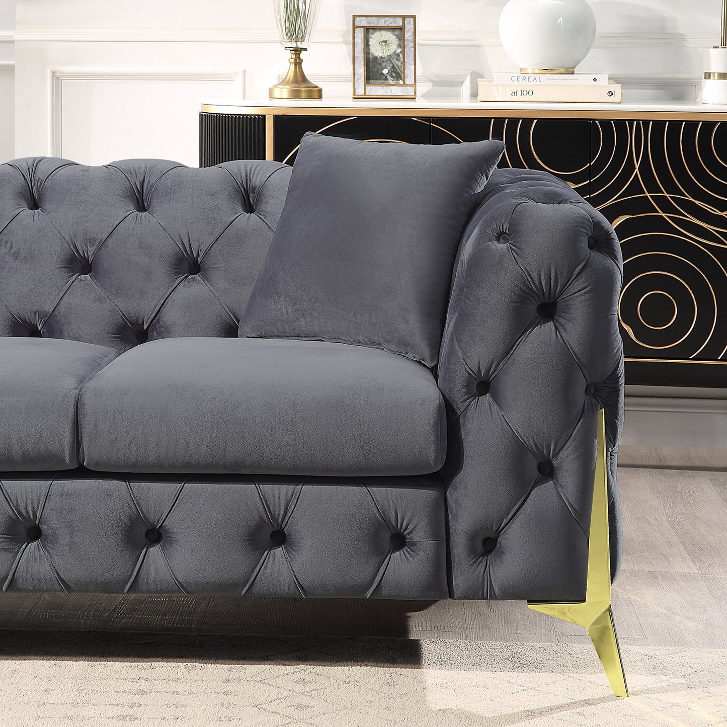 Grey Elegant Velvet Living Room 3-Seater Sofa, Upholstered Sofa - Enova Luxe Home Store