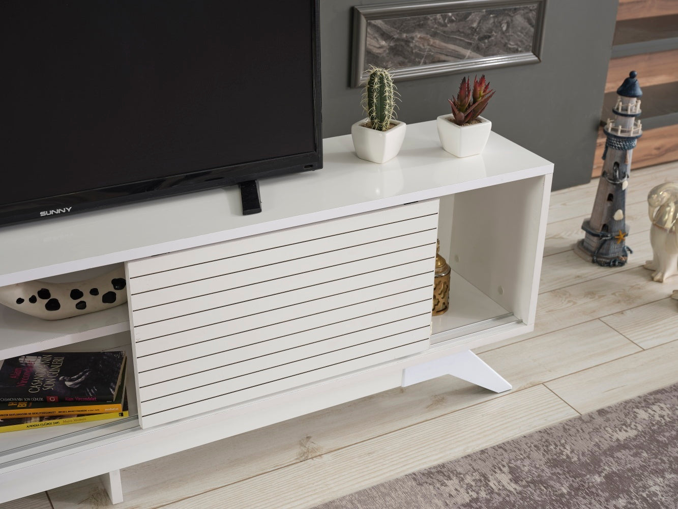 FurnisHome Store Luxia Mid Century Modern Tv Stand 2 Sliding Door Cabinet 2 Shelves 67 inch Tv Uni, White - Enova Luxe Home Store
