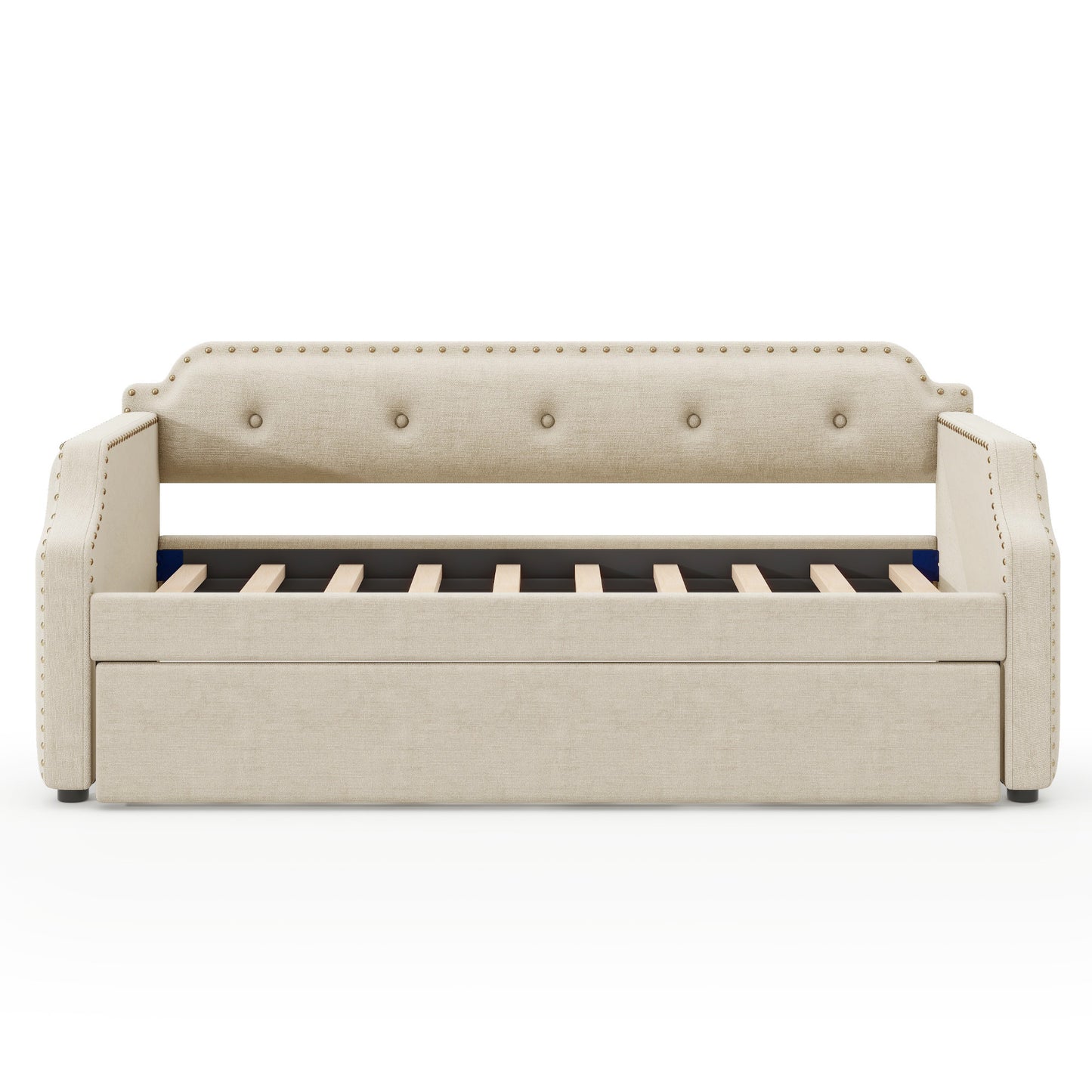 Upholstered Daybed with Trundle, Wood Slat Support,Upholstered Frame Sofa Bed, Twin, Beige(Expected Arrival Time: 1.23)