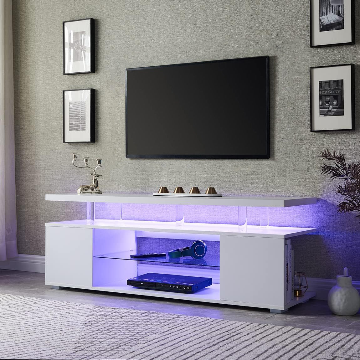 TV Stand for 70 Inch TV LED Gaming Entertainment Center Media Storage Console Table with Large Sliding Drawer & Side Cabinet for Living Room White