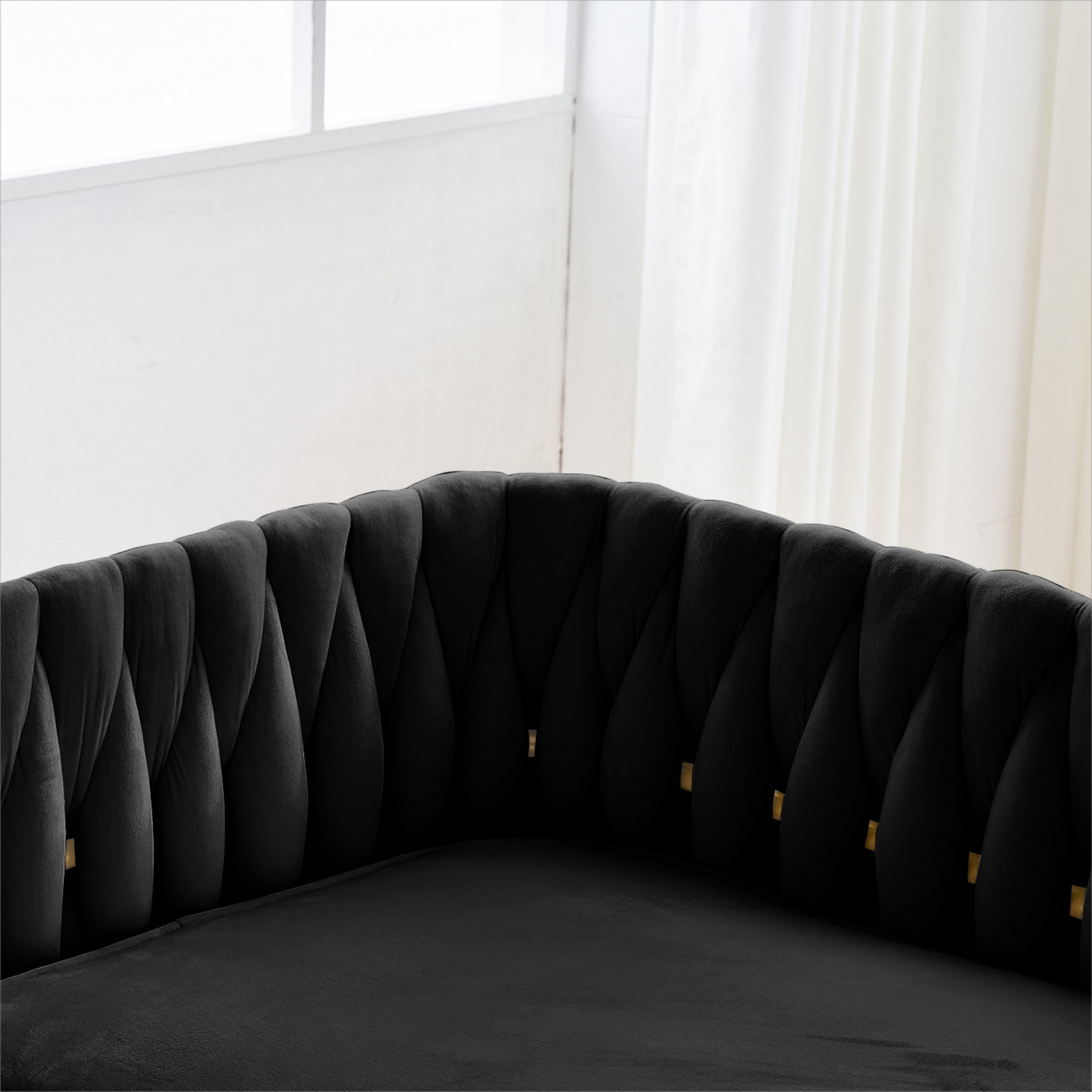 Handmade Woven Velvet Back and Sides Sofa Set, One Accent Chair And One 3 Seater Sofa, Gold Frame and Gold Legs , Modern Living Room Sofa Sets for Living Room , Black Velvet