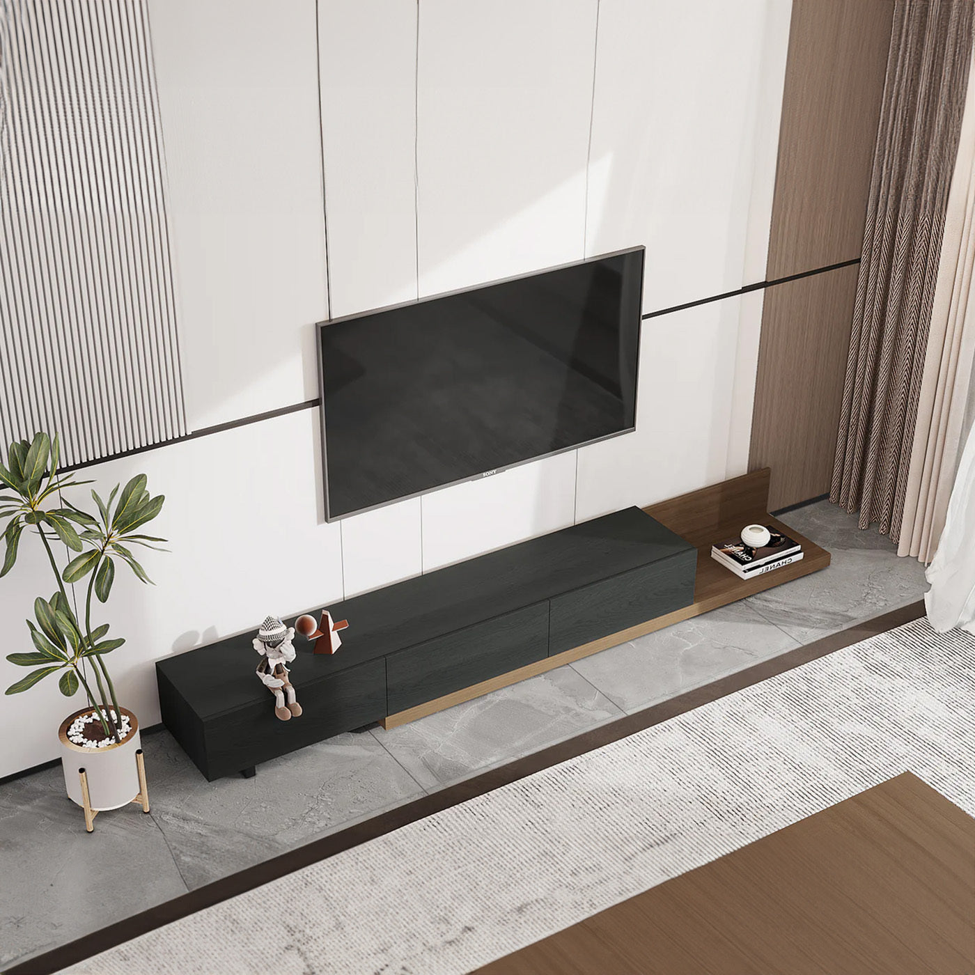 Black Color Modern Minimalist Walnut Wood TV Stand 78.7 x 16.5 x 12.5 in