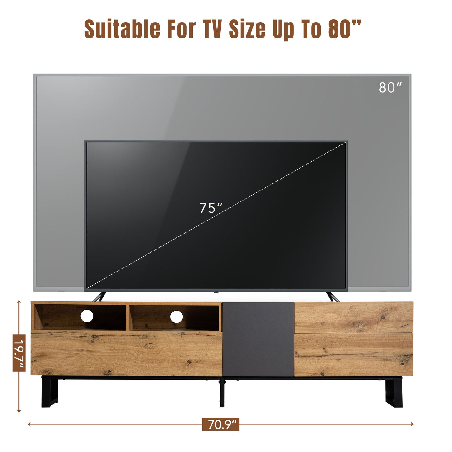 Modern TV Stand for 80'' TV with Double Storage Space, Media Console Table, Entertainment Center with Drop Down Door for Living Room, Bedroom, Home Theatre