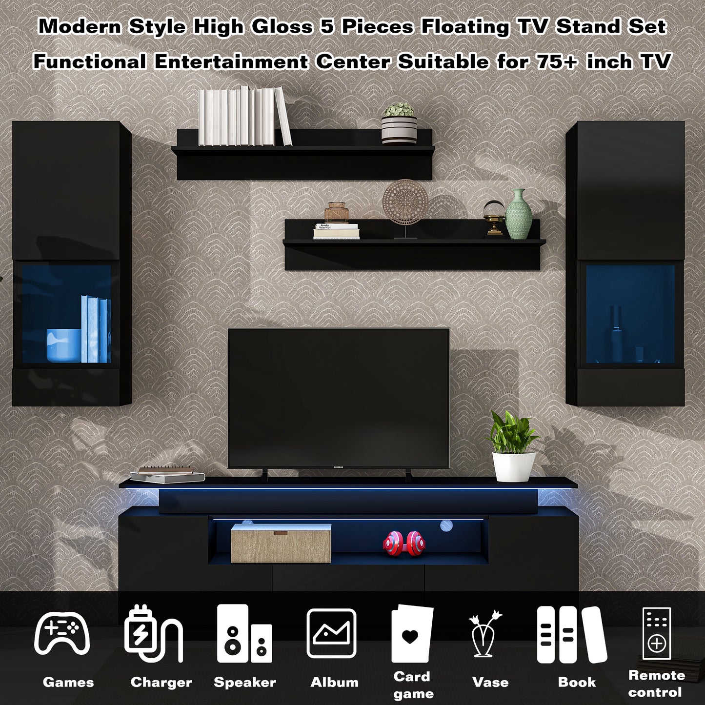 ON-TREND Stylish Functional TV stand, 5 Pieces Floating TV Stand Set, High Gloss Wall Mounted Entertainment Center with 16-color LED Light Strips for 75+ inch TV, Black - Enova Luxe Home Store