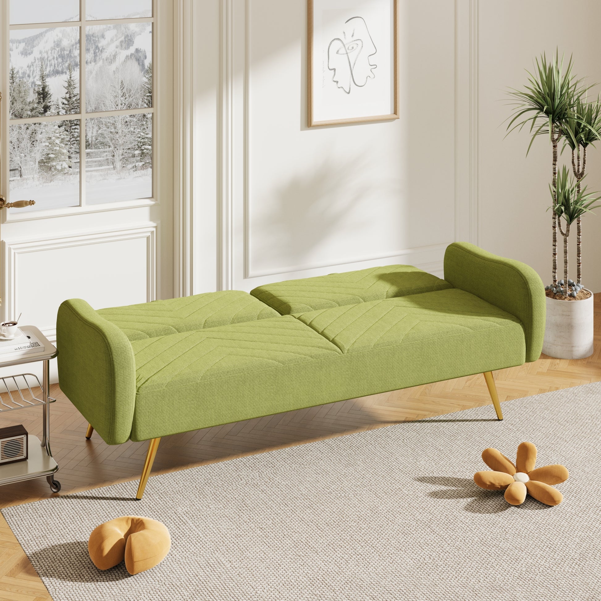 Green Fabric Double Sofa with Split Backrest and Two Throw Pillows - Enova Luxe Home Store