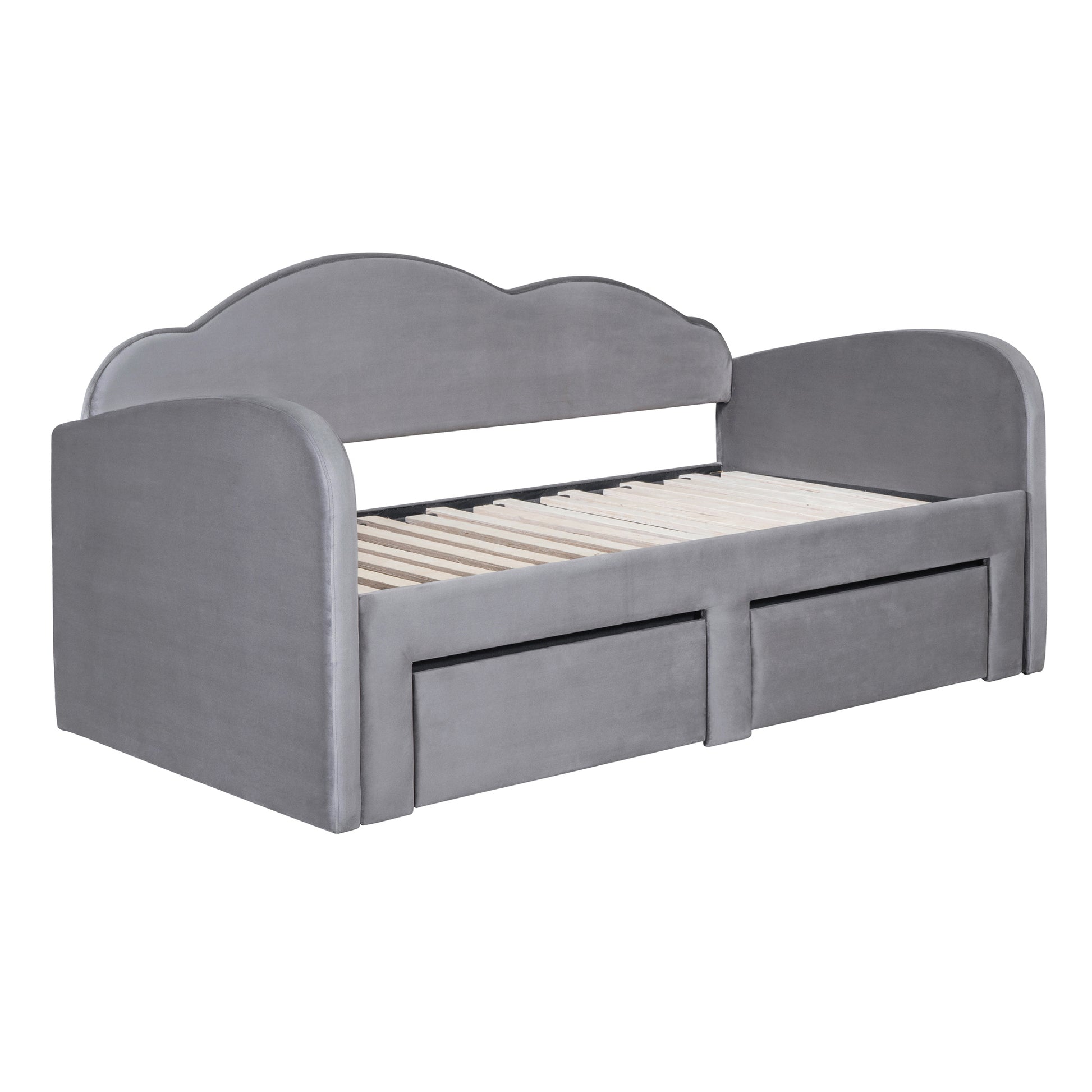 Twin Size Upholstered daybed with Cloud-Shaped Backrest, Trundle & 2 Drawers and USB Ports, Gray - Enova Luxe Home Store
