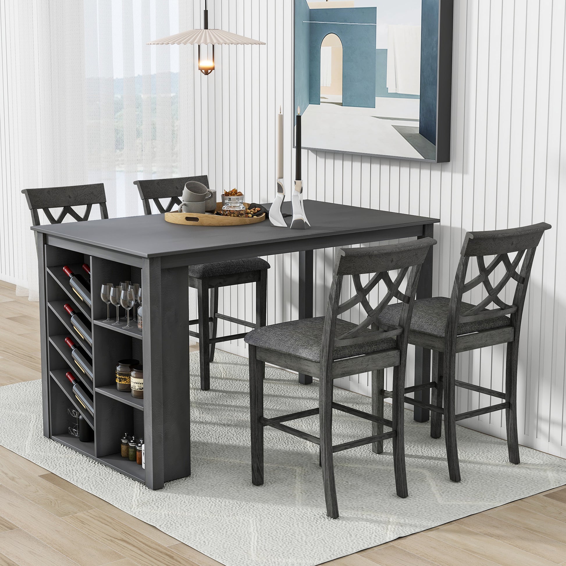 TOPMAX Counter Height 5-piece Solid Wood Dining Table Set, 59*35.4Inch Table with Wine Rack and 4 Upholstered Chairs, Grey - Enova Luxe Home Store