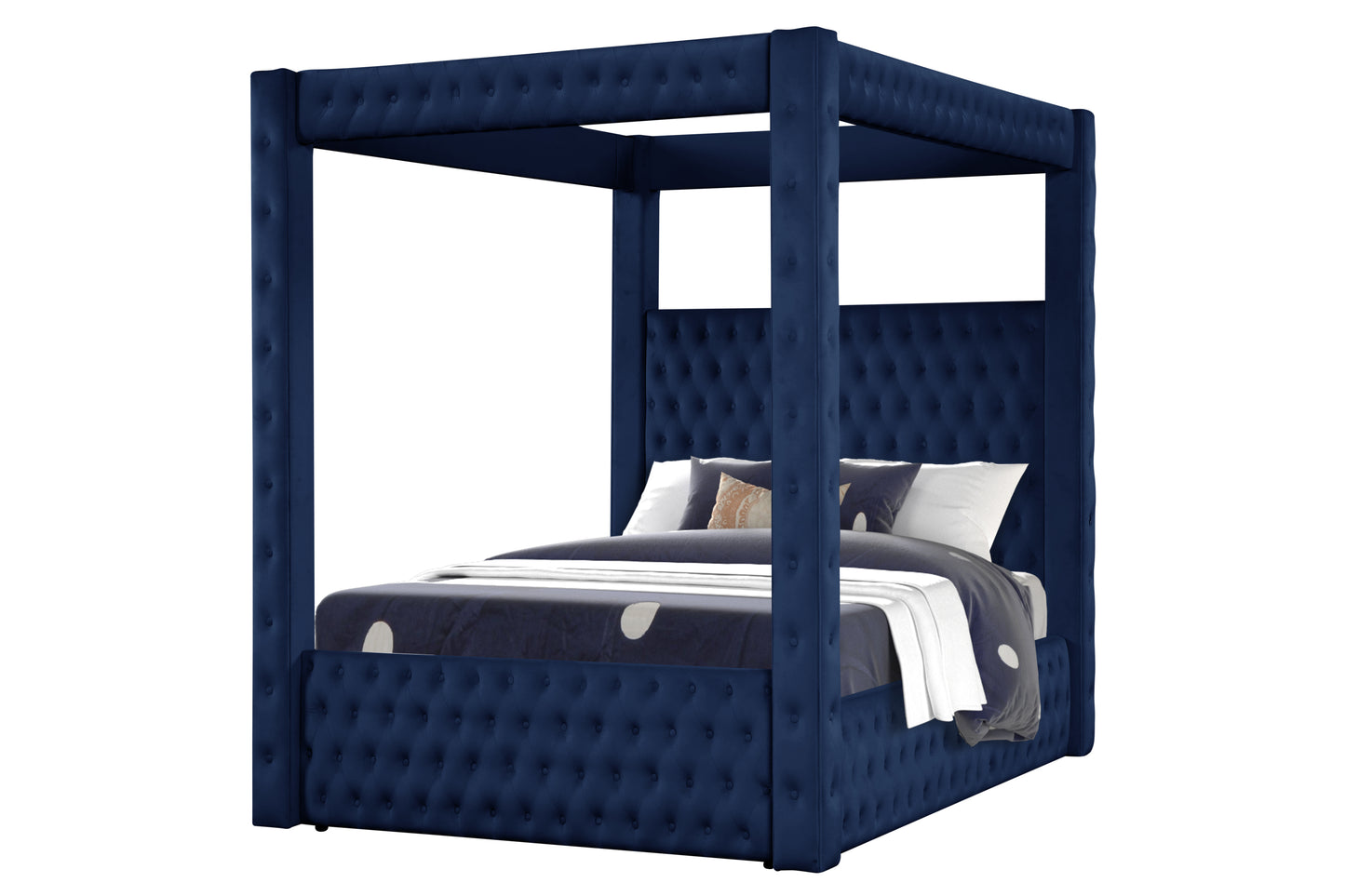 Monica luxurious Four-Poster Queen Bed Made with Wood in Navy - Enova Luxe Home Store