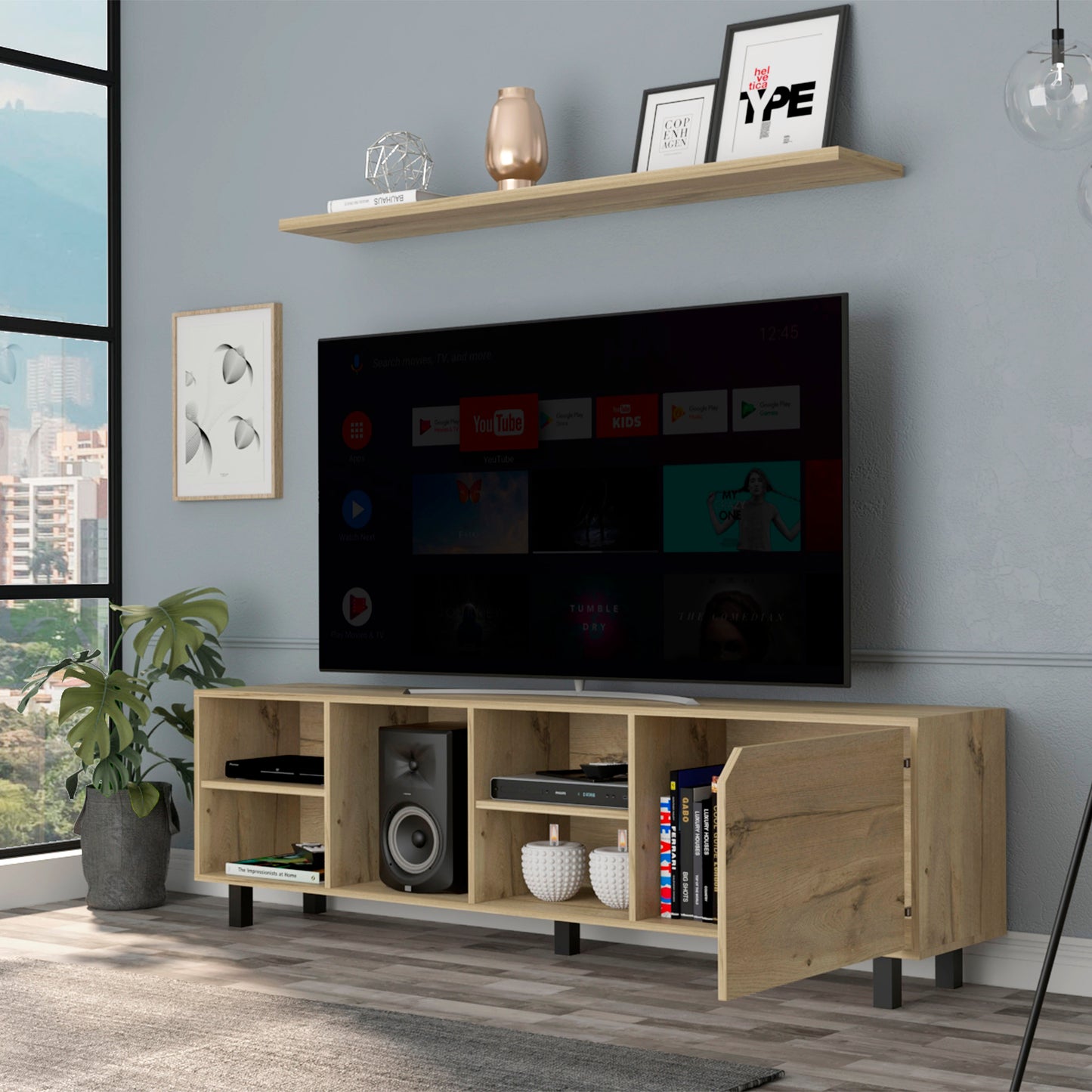 Valdivia Tv Stand for TV´s up 70", Four Open Shelves, Five Legs -Light Oak - Enova Luxe Home Store