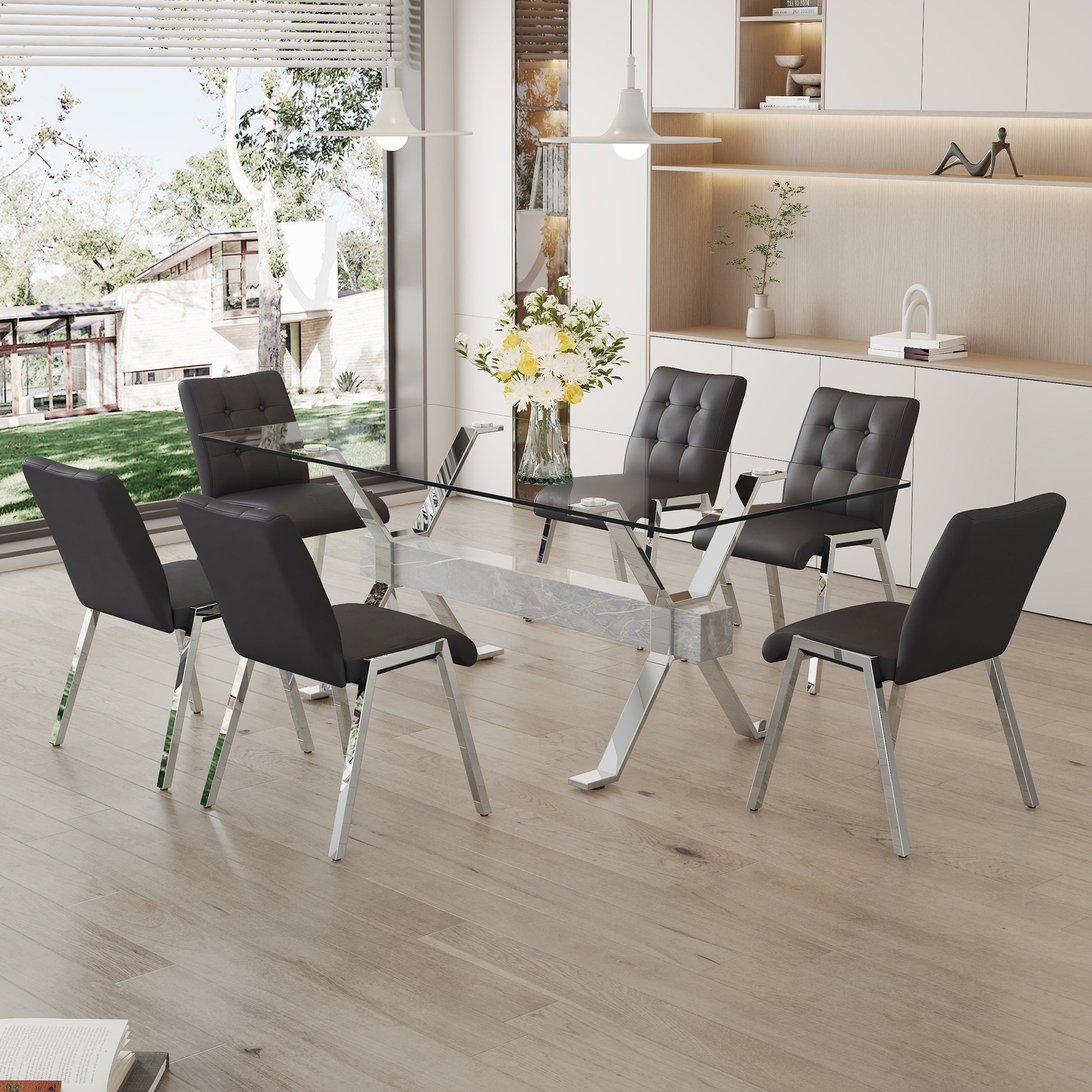 Table and chair set. 1 table and 6 black chairs. Tempered glass desktop. Equipped with silver plated metal legs and MDF crossbars. Paired with armless soft backrest dining chairs. 1105 0809 - Enova Luxe Home Store