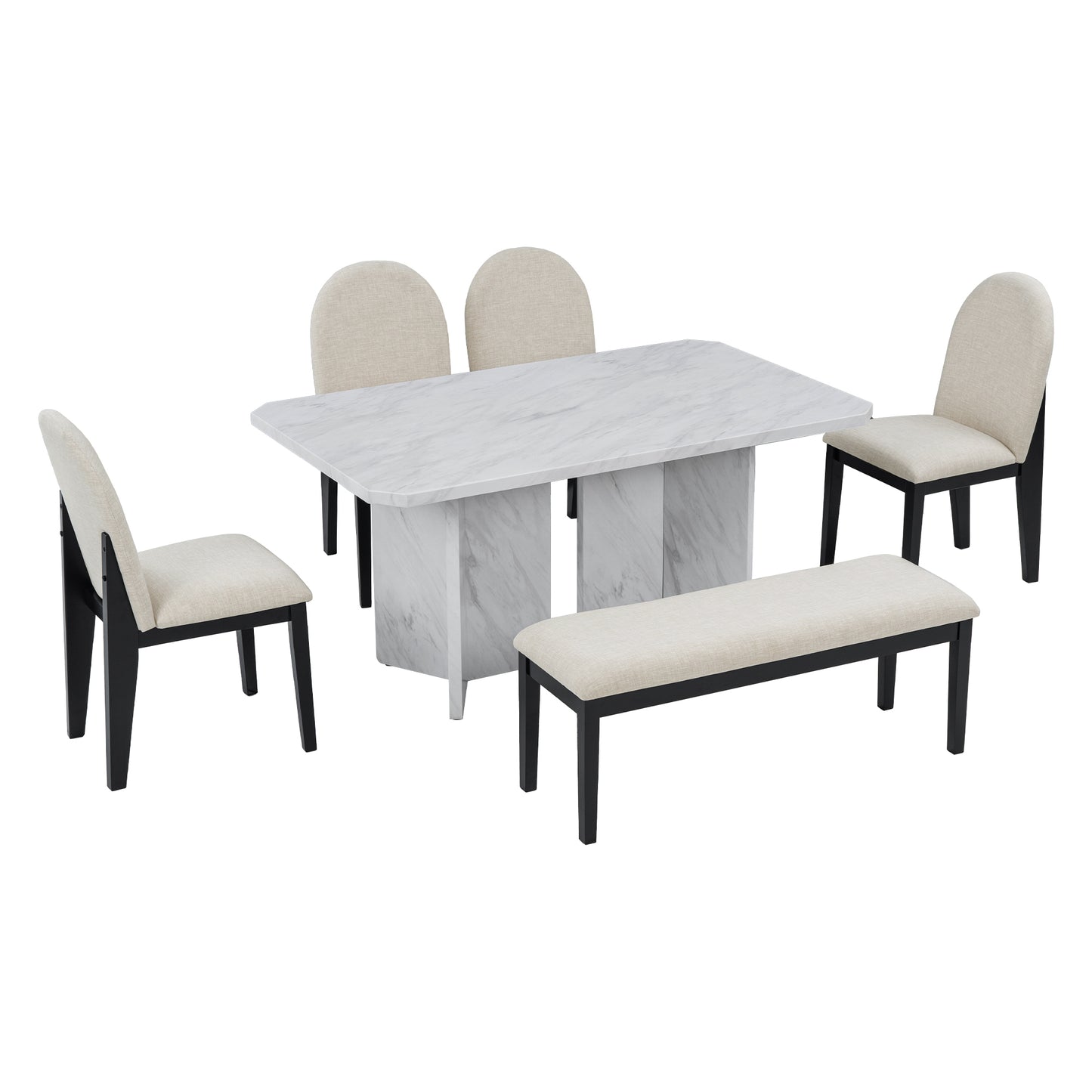 TREXM 6-Piece Modern Style Dining Set with Faux Marble Table and 4 Upholstered Dining Chairs & 1 Bench (White) - Enova Luxe Home Store
