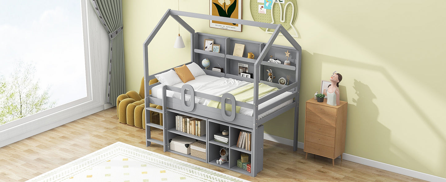 Twin Size House Loft Bed with Multiple Storage Shelves, Grey