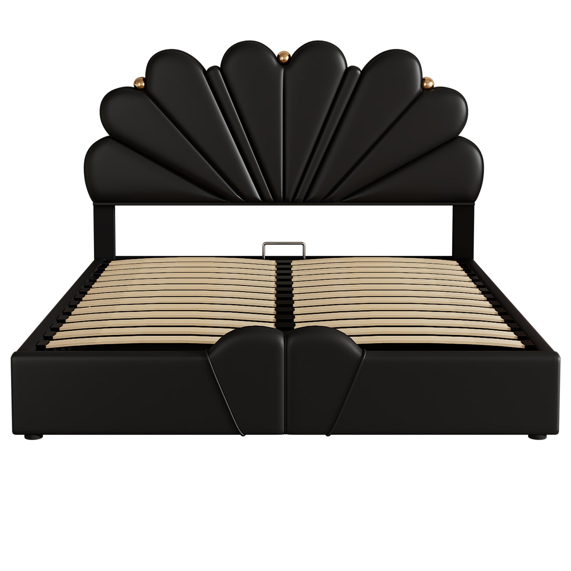 Queen Size Upholstered  Petal Shaped Platform Bed  with Hydraulic Storage System, PU Storage Bed, Decorated with metal balls, Black - Enova Luxe Home Store