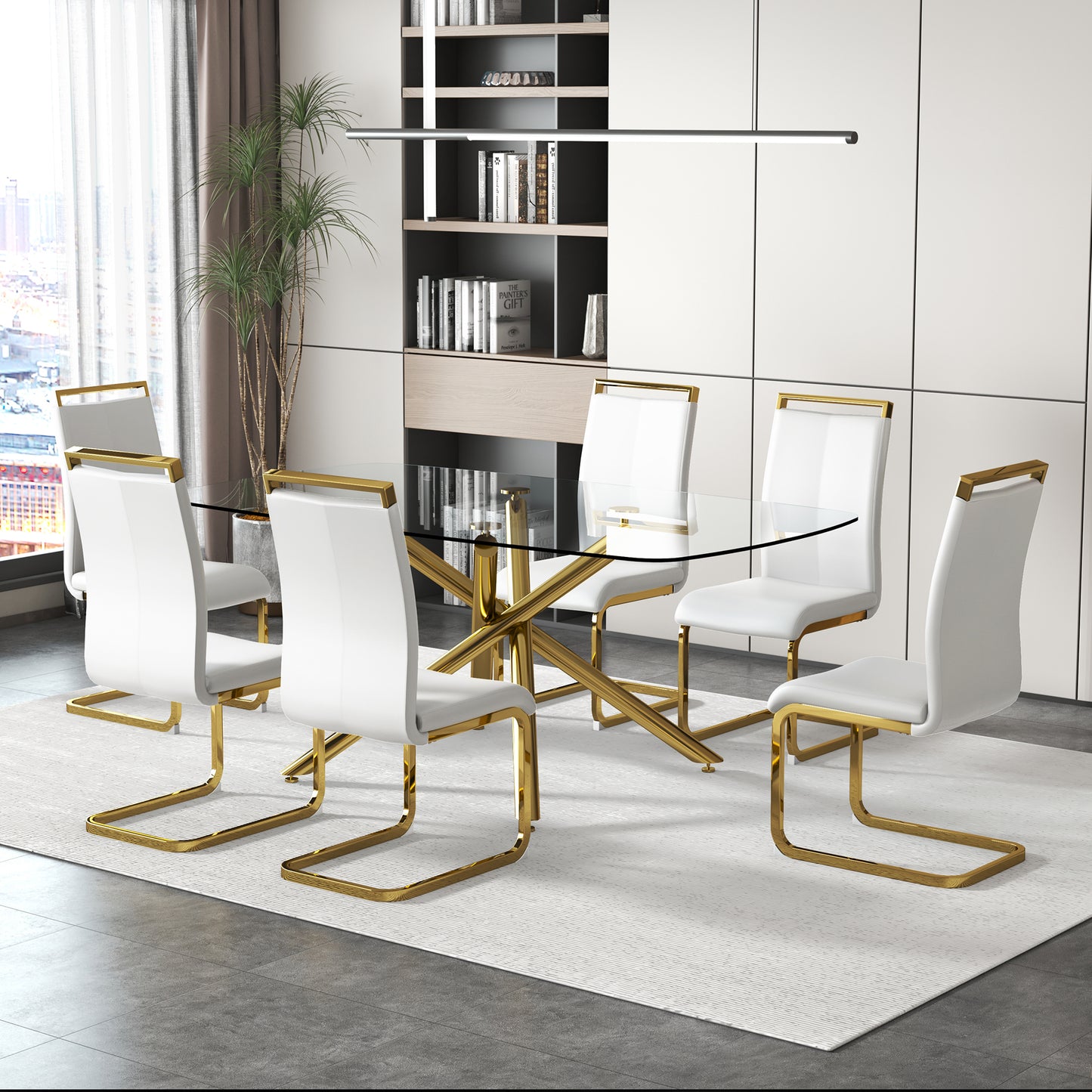 Large Modern Minimalist Rectangular Glass Dining Table for 6-8 with 0.39" Tempered Glass Tabletop and Golden Plated Metal Legs, for Kitchen Dining Living Meeting Room Banquet hall, 71'' x 39'' x30''