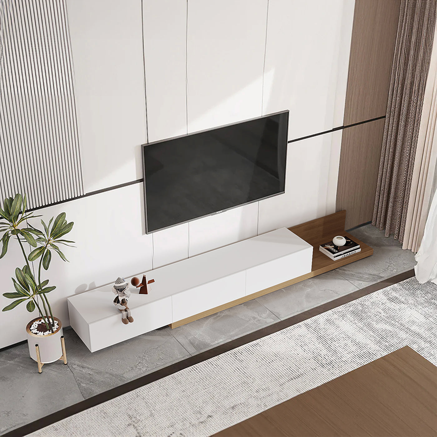 White Color Modern Minimalist Walnut Wood TV Stand 78.7 x 16.5 x 12.5 in