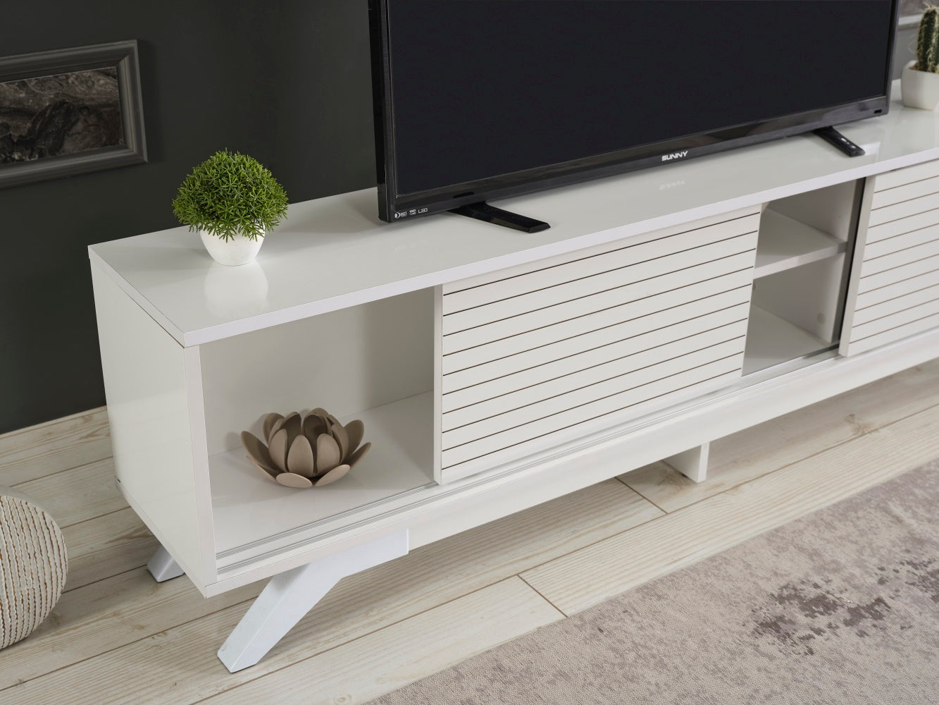 FurnisHome Store Luxia Mid Century Modern Tv Stand 2 Sliding Door Cabinet 2 Shelves 67 inch Tv Uni, White - Enova Luxe Home Store