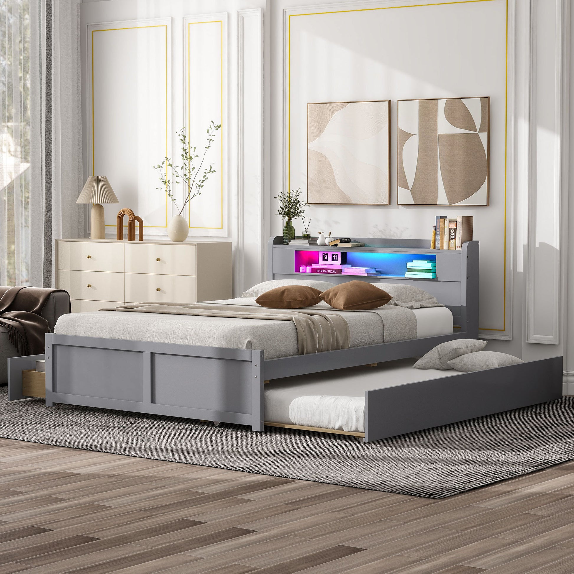 Queen Size Wood Storage Platform Bed with LED, 2 Drawers and 1 Twin Size Trundle, Gray - Enova Luxe Home Store