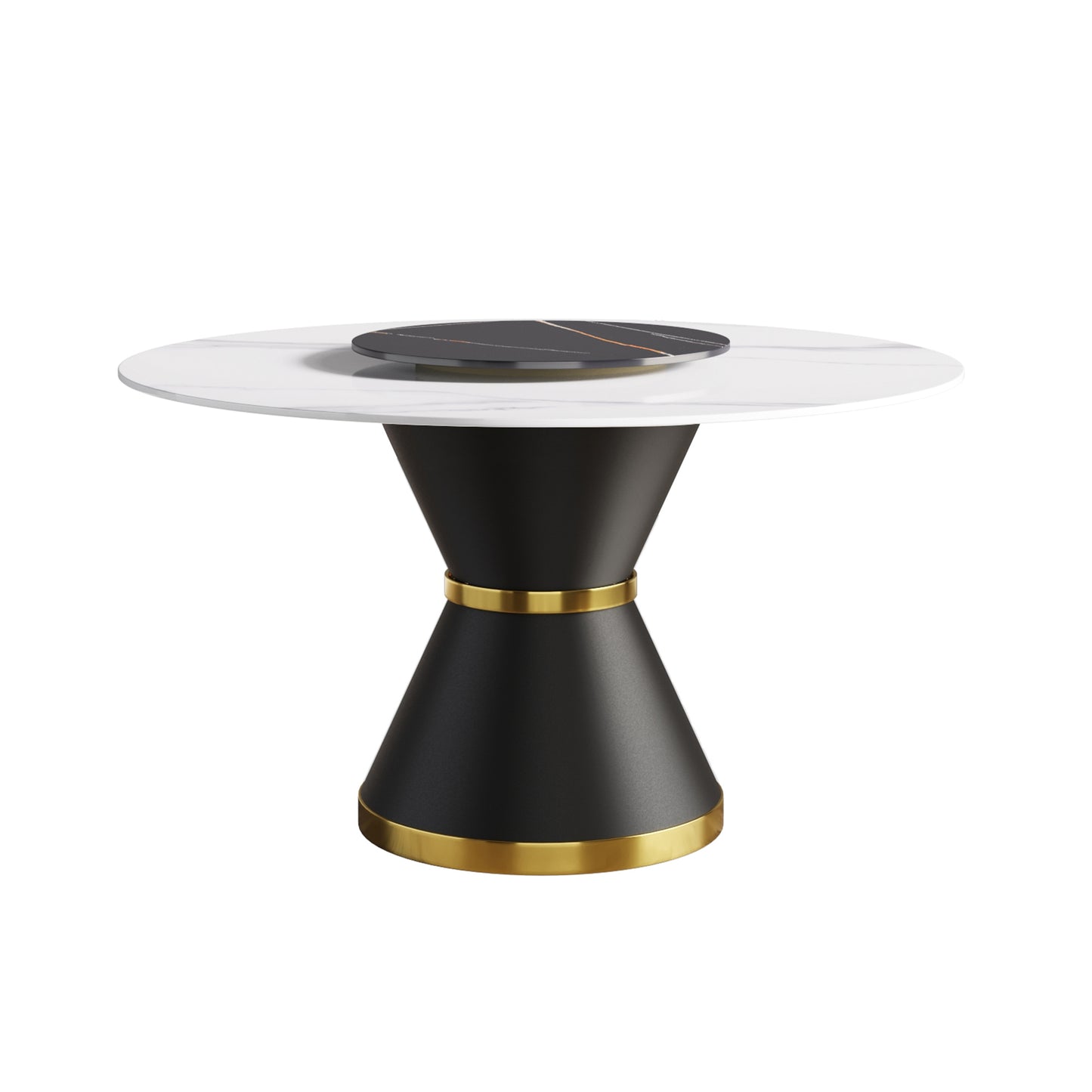 53"Modern artificial stone round black carbon steel base dining table-can accommodate 6 people-23.62"black artificial stone turntable