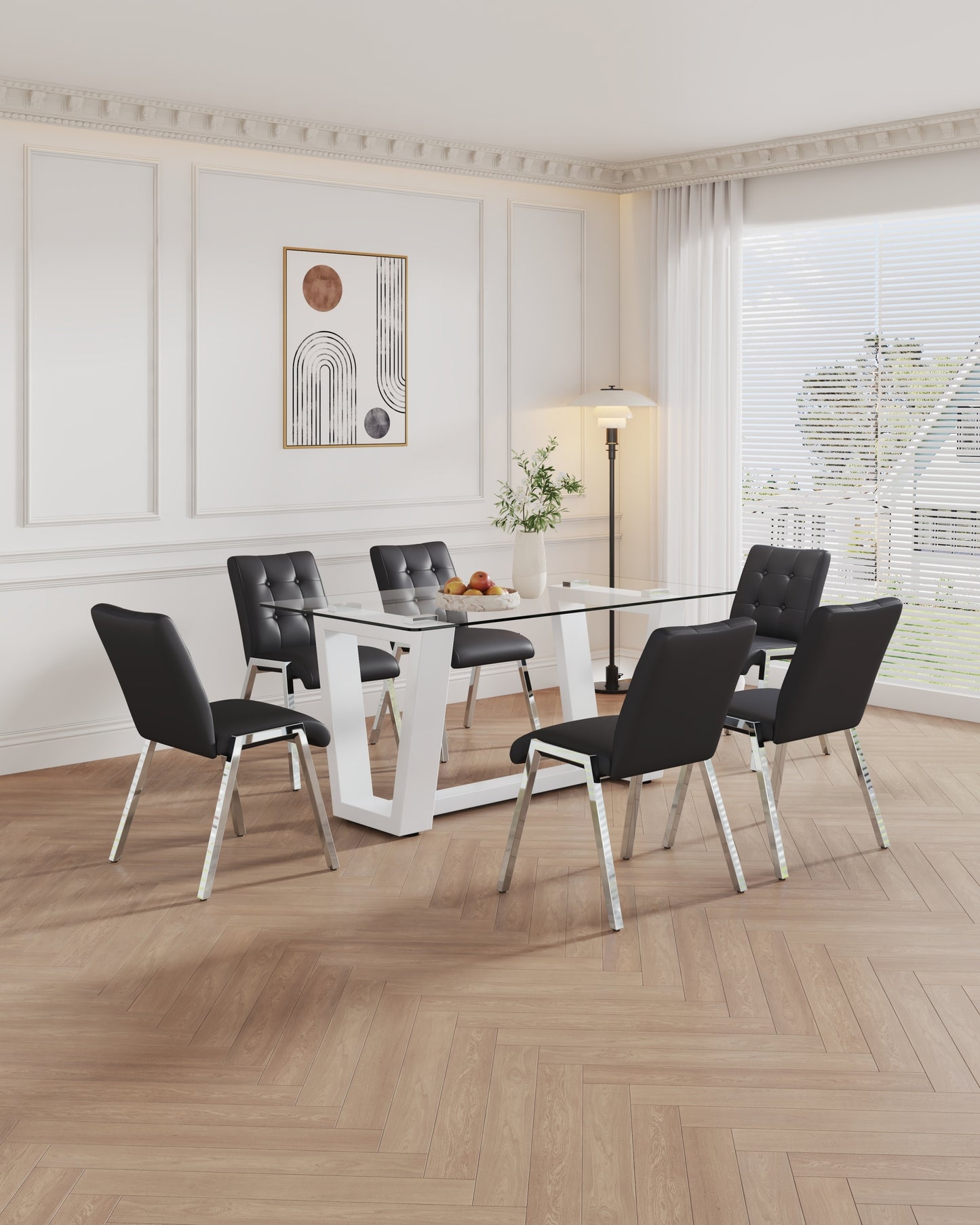 Table and chair set, rectangular dining table, equipped with 0.4 "tempered glass tabletop and white MDF trapezoidal support, paired with lattice armless high back dining chairs (1 table and 6 chairs) - Enova Luxe Home Store