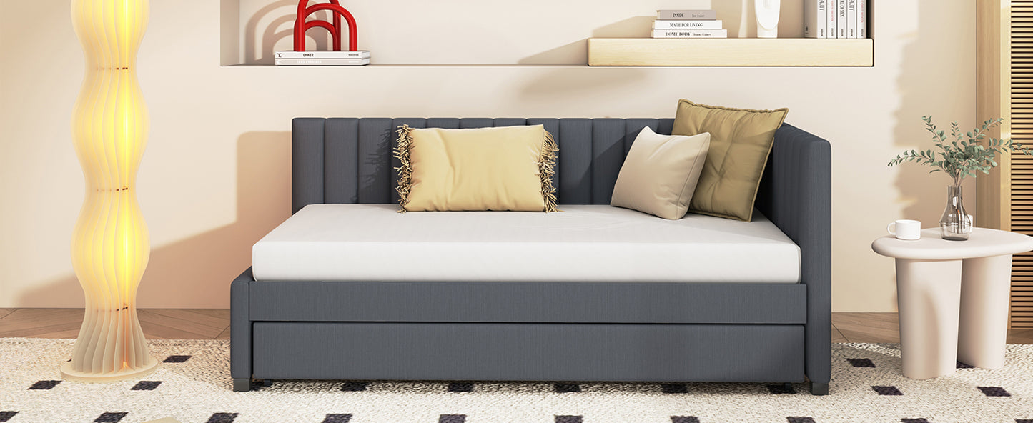 Upholstered Daybed with Trundle Twin Size Sofa Bed Frame No Box Spring Needed, Linen Fabric(Gray)