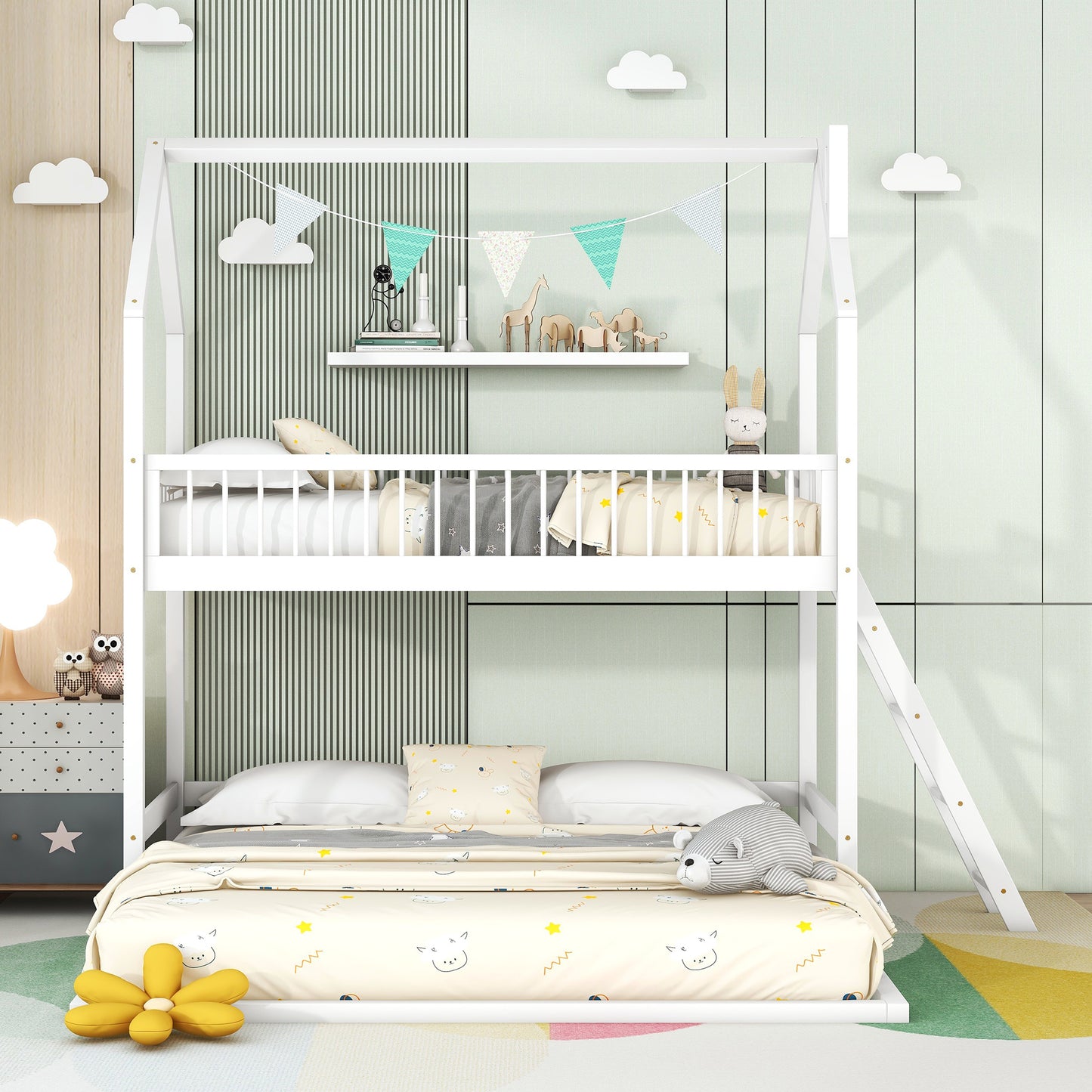 Twin Over Twin-Twin House Bunk Bed with Extending Trundle and Ladder - Enova Luxe Home Store