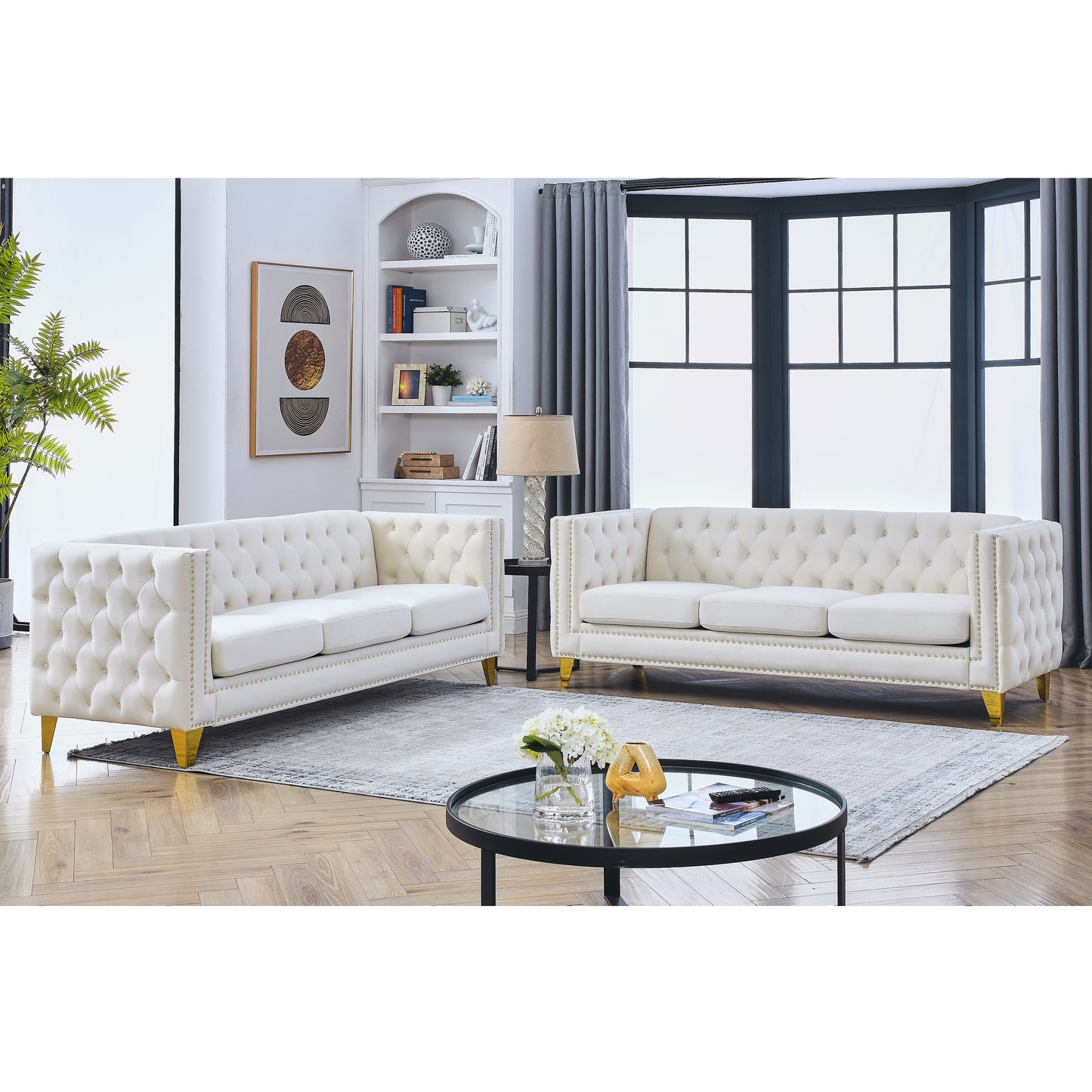 Velvet Sofa for Living Room,Buttons Tufted Square Arm Couch, Modern Couch Upholstered Button and Metal Legs, Sofa Couch for Bedroom, Beige Velvet ,2PCS