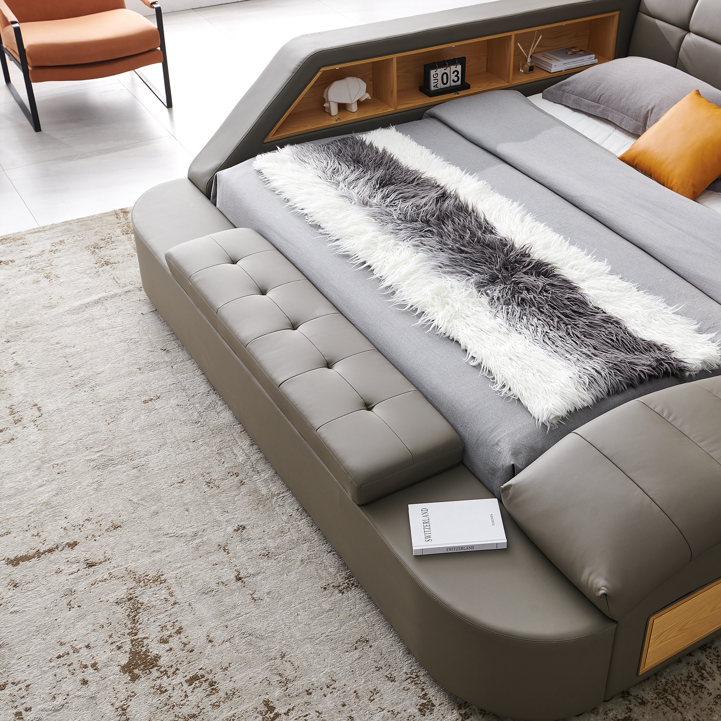 Multifunctional Upholstered Storage Bed Frame, Massage Chaise Lounge on Right, King Size, Grey