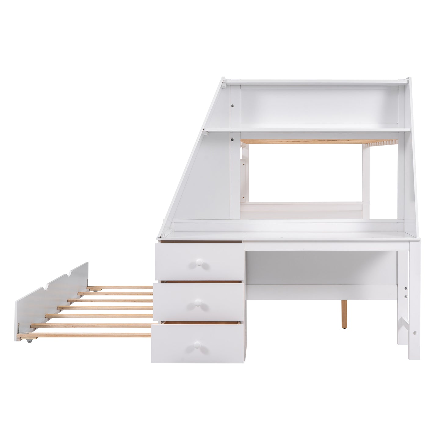 Twin over Full Bunk Bed with Trundle and Built-in Desk, Three Storage Drawers and Shelf,White - Enova Luxe Home Store
